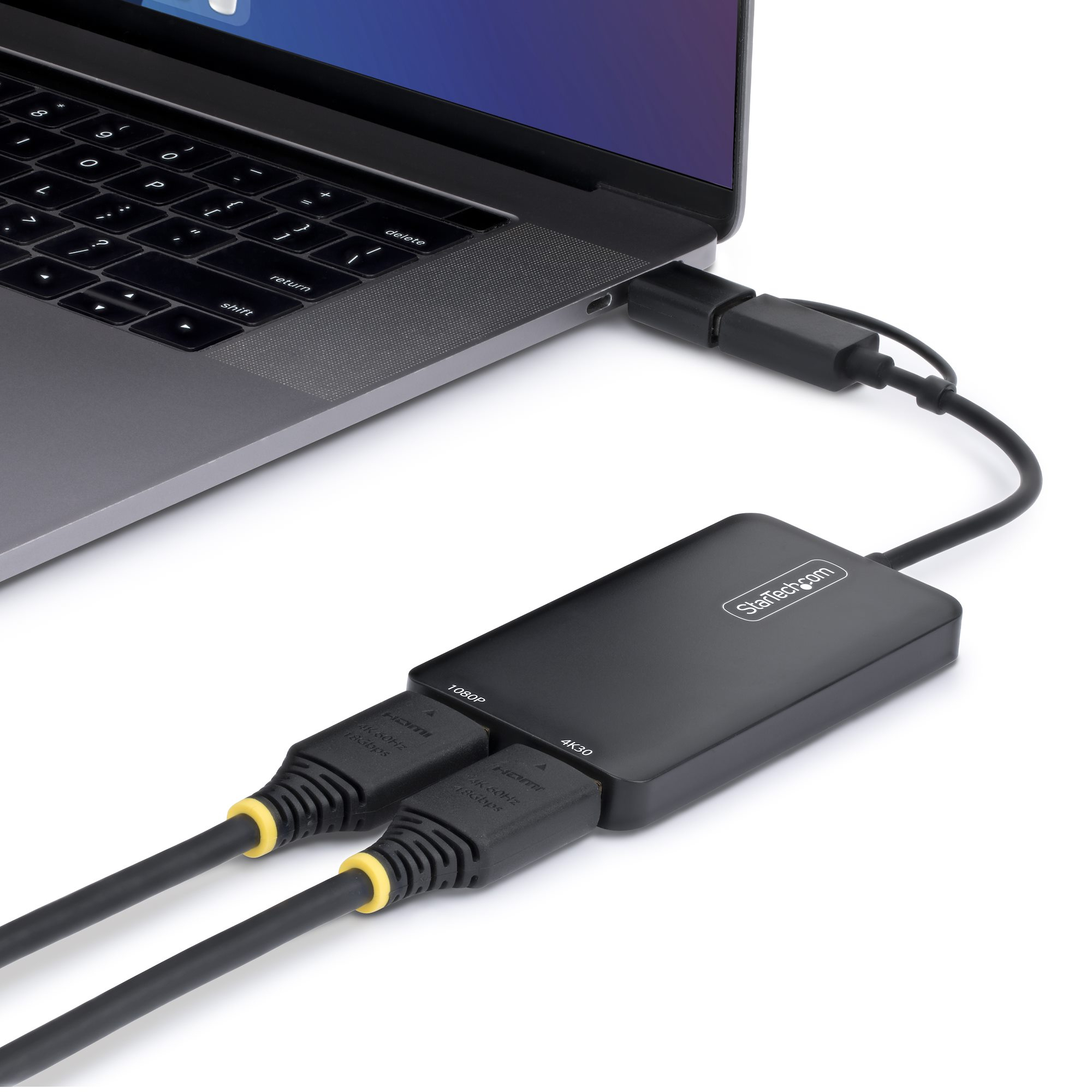 StarTech.com Adattatore USB a doppio HDMI, USB A/C a 2 display HDMI (1x 4K30Hz, 1x 1080p), cavo da 11 cm, adattatore da USB 3.0 a HDMI, Windows/macOS, Nero