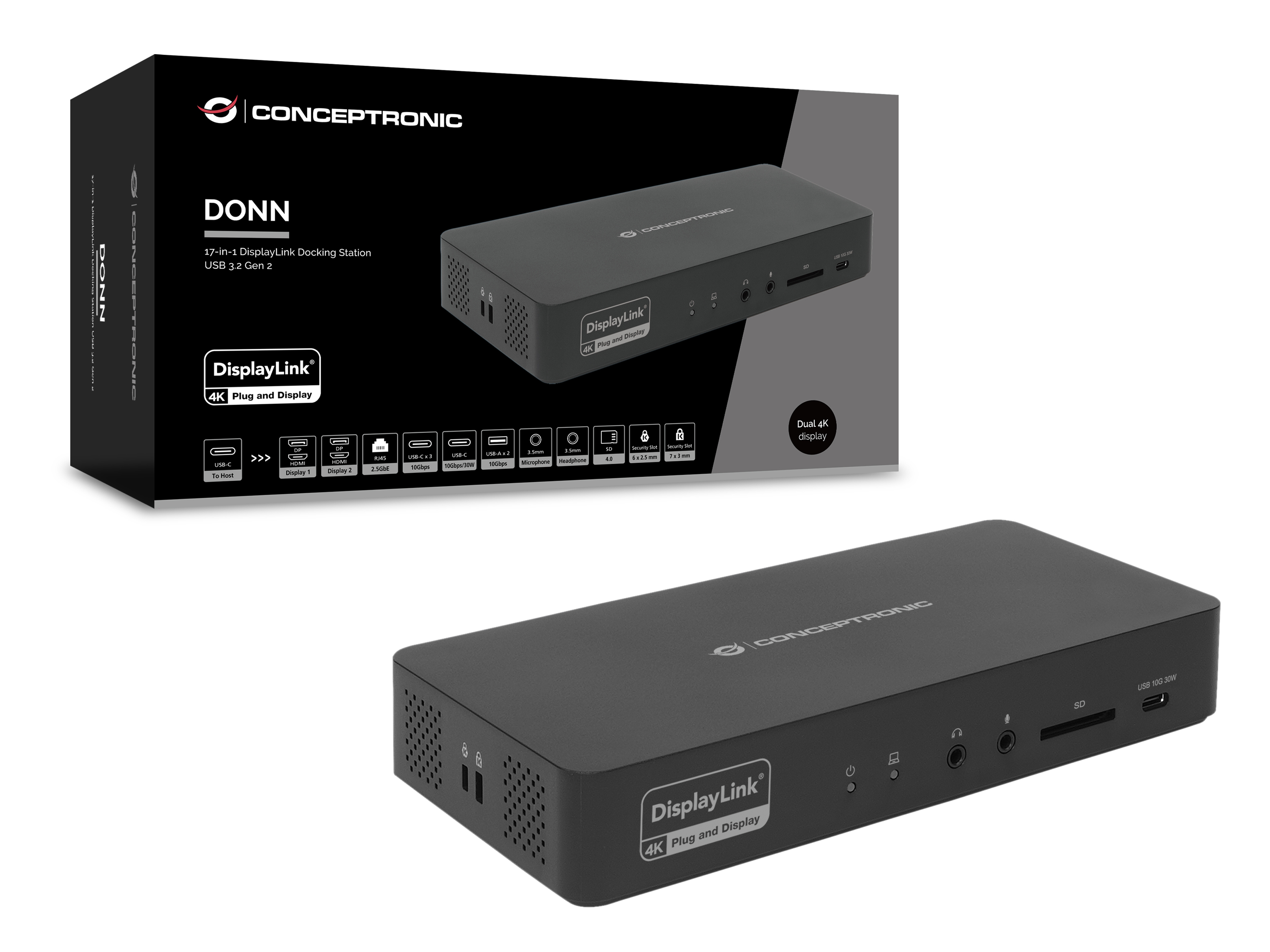 Conceptronic 17-1 Dock USB-C->HDMI DP 4K/60Hz GbE USB-C sw