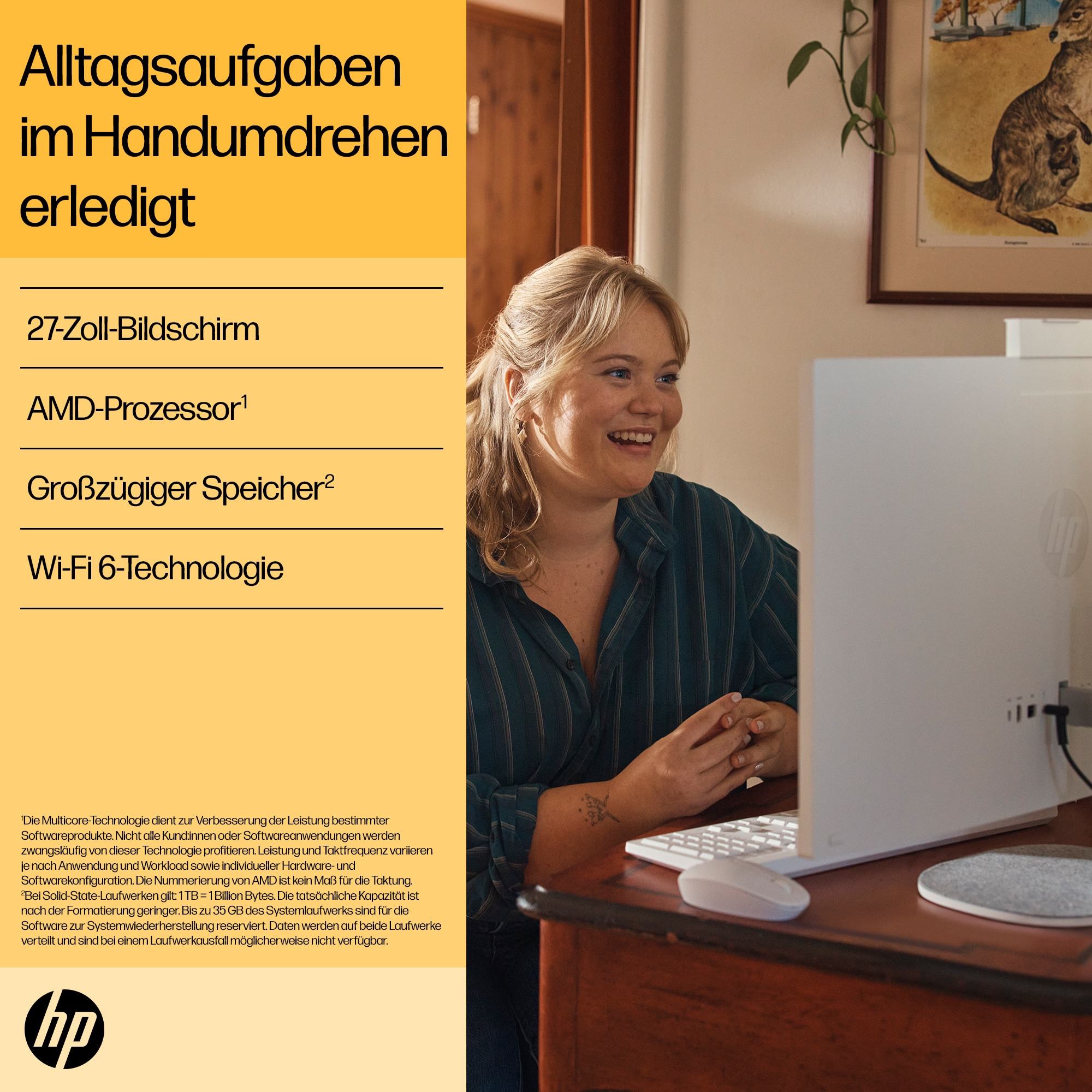 HP 27-cr0006ng - All-in-One (Komplettl�sung) - Ryzen 7 7730U / 2 GHz - RAM 16 GB - SSD 1 TB - NVMe - Radeon Graphics - Wi-Fi 6, 1GbE, Bluetooth - WLAN: 802.11a/b/g/n/ac/ax, Bluetooth 5.4 - Win 11 Home - Monitor: LED 68.6 cm (27)