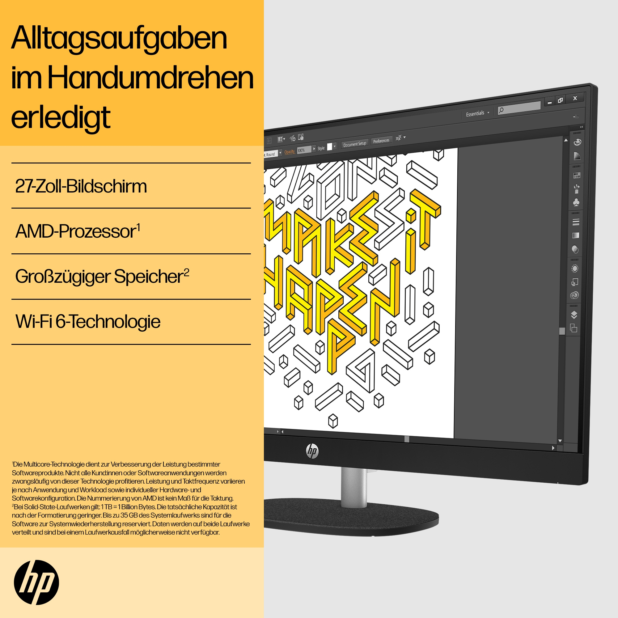 HP 27-cr0006ng - All-in-One (Komplettl�sung) - Ryzen 7 7730U / 2 GHz - RAM 16 GB - SSD 1 TB - NVMe - Radeon Graphics - Wi-Fi 6, 1GbE, Bluetooth - WLAN: 802.11a/b/g/n/ac/ax, Bluetooth 5.4 - Win 11 Home - Monitor: LED 68.6 cm (27)