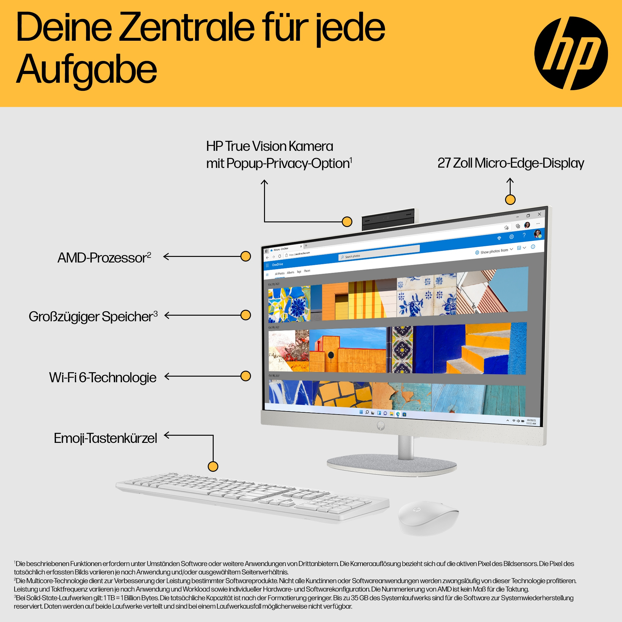 HP 27-cr0006ng - All-in-One (Komplettl�sung) - Ryzen 7 7730U / 2 GHz - RAM 16 GB - SSD 1 TB - NVMe - Radeon Graphics - Wi-Fi 6, 1GbE, Bluetooth - WLAN: 802.11a/b/g/n/ac/ax, Bluetooth 5.4 - Win 11 Home - Monitor: LED 68.6 cm (27)