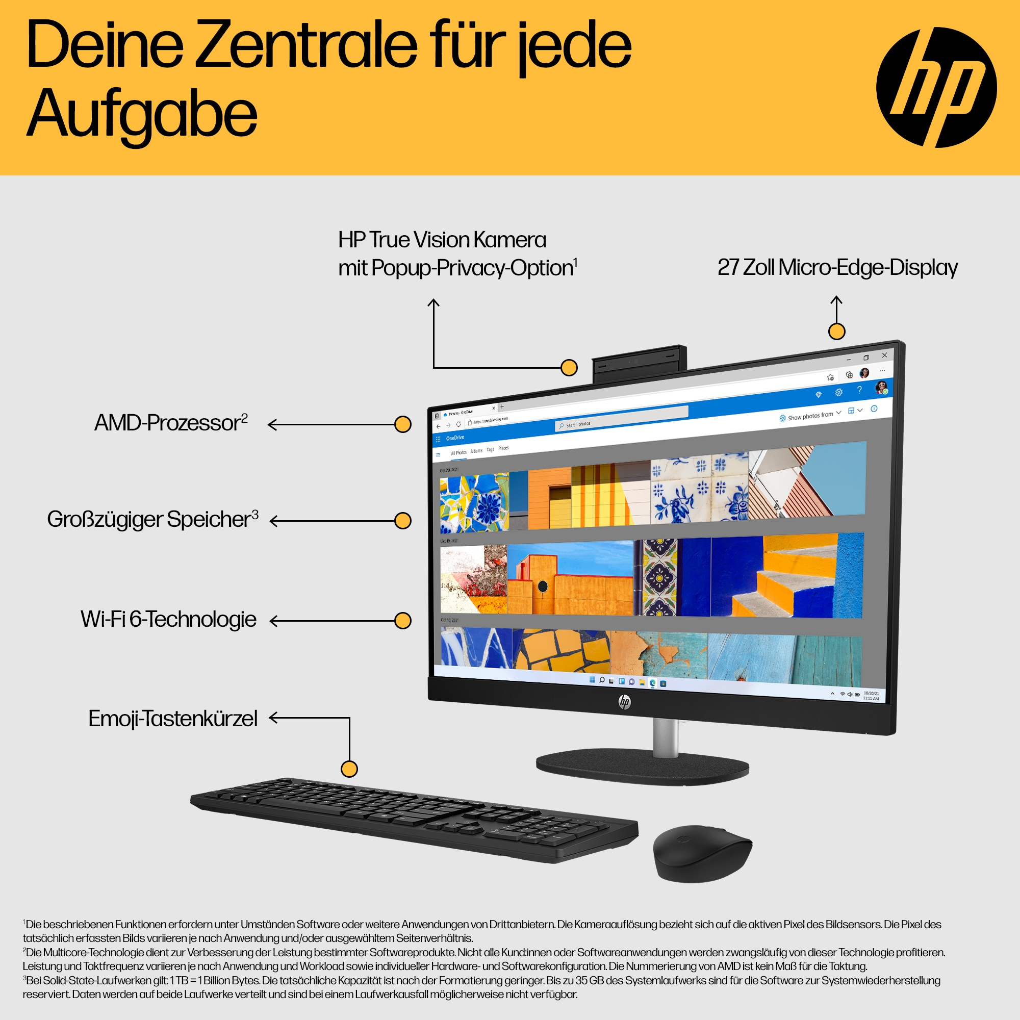 HP 27-cr0006ng - All-in-One (Komplettl�sung) - Ryzen 7 7730U / 2 GHz - RAM 16 GB - SSD 1 TB - NVMe - Radeon Graphics - Wi-Fi 6, 1GbE, Bluetooth - WLAN: 802.11a/b/g/n/ac/ax, Bluetooth 5.4 - Win 11 Home - Monitor: LED 68.6 cm (27)