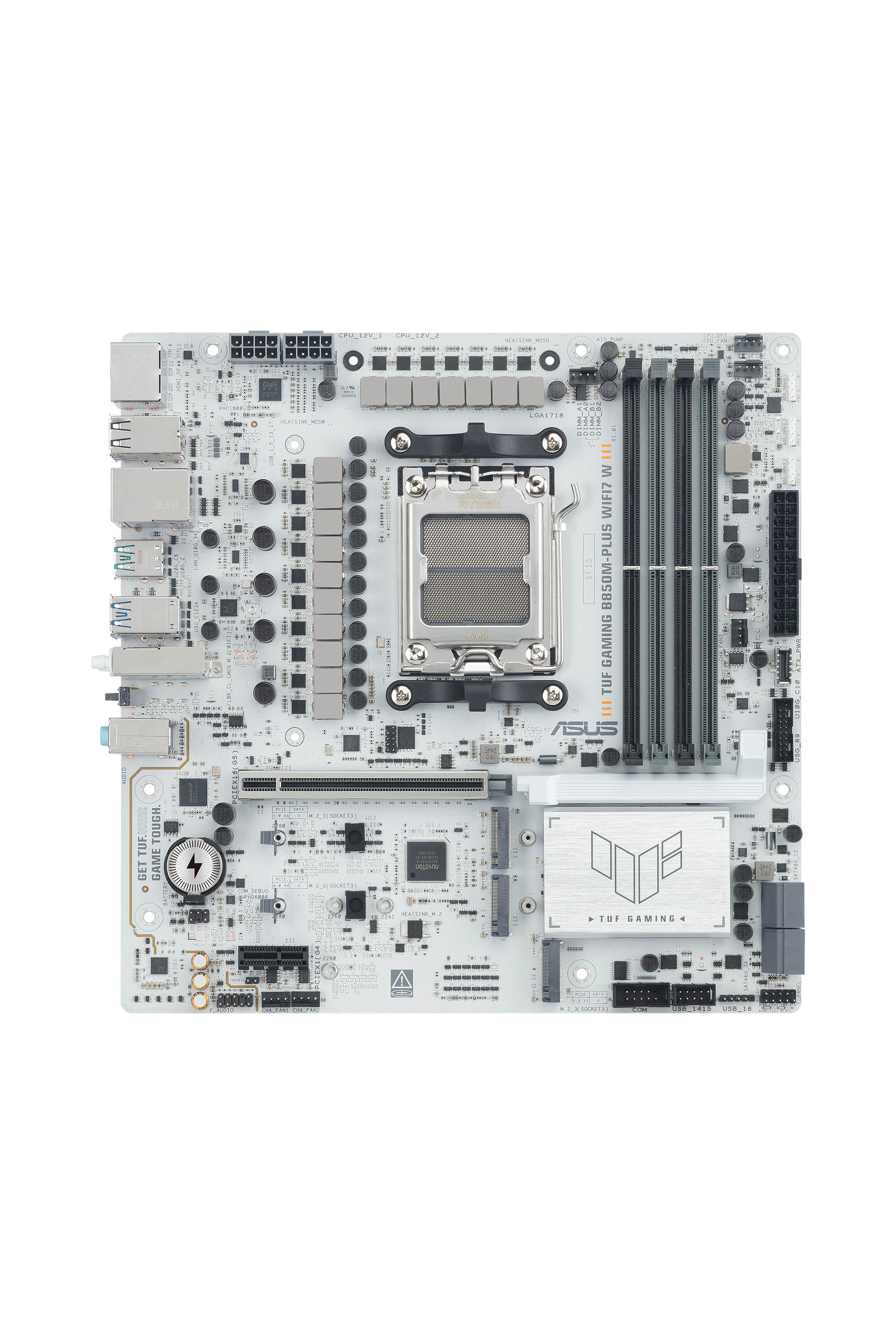 ASUS TUF GAMING B850M-PLUS WIFI7 W, AMD, Sockel AM5, AMD Ryzen 7000 Series, AMD Ryzen 8000 Series, AMD Ryzen 9000 Series, Sockel AM5, DDR5-SDRAM, 256 GB - Mainboard - AMD Sockel AM5 (Ryzen Zen4)