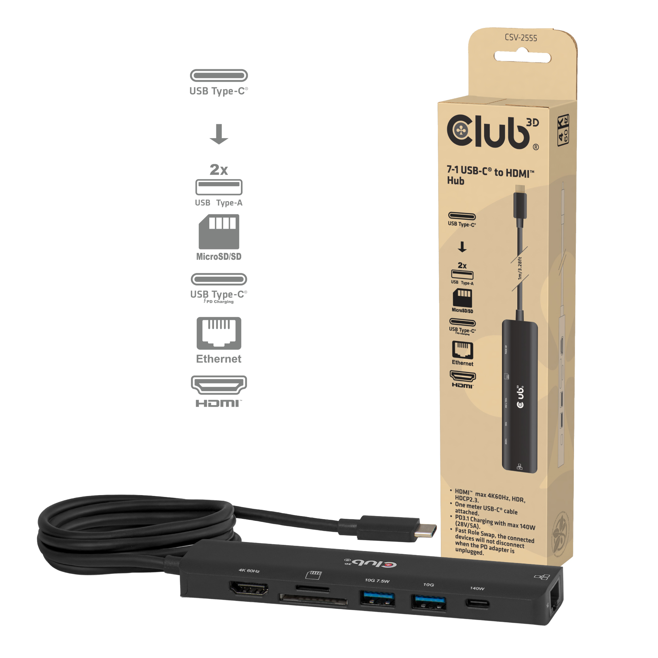 Club 3D 7-1 USB-C to HDMI Hub 4K60Hz PD3.1 140W/3.28ft - Digital/Daten - Digital/Display/Video