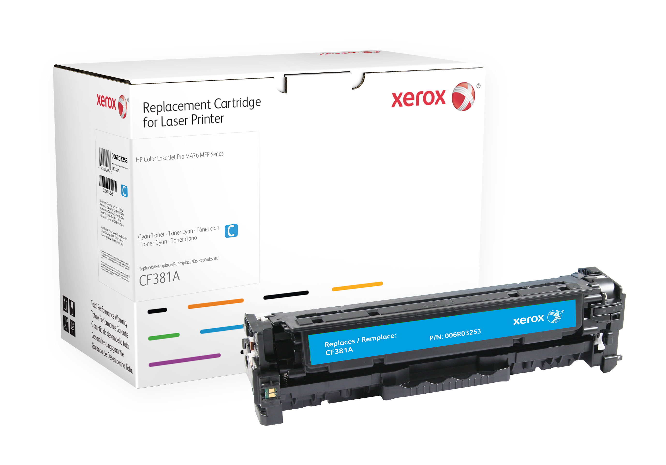 Xerox Cyan toner cartridge. Equivalent to HP CF381A. Compatible with HP Colour LaserJet M476/M476DN/M476DW/M476NW