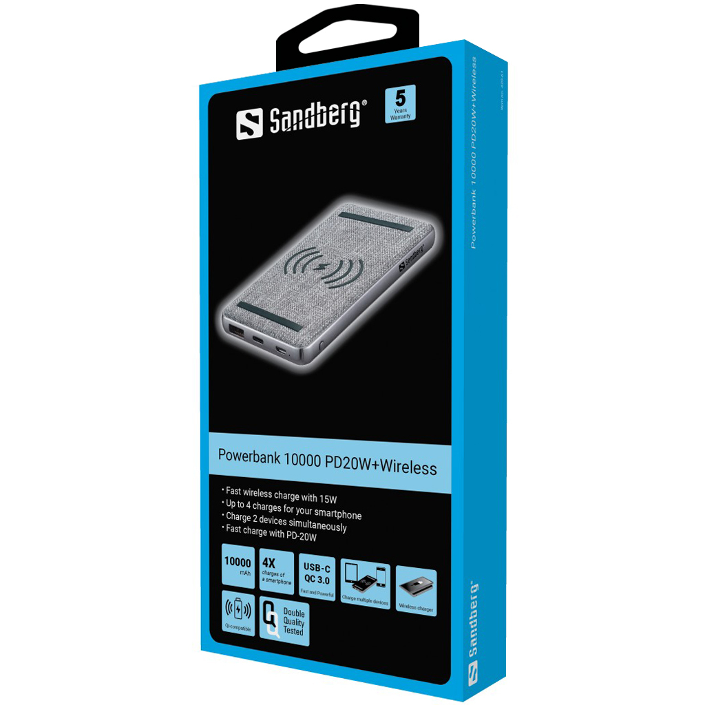 SANDBERG 420-61  SANDBERG Induktive Power Bank - Li-Pol - 10000 mAh - 37  Wh - 3 A - PD, QC 3.0 - 2 Ausgabeanschlussstellen (USB, 24 pin USB-C)