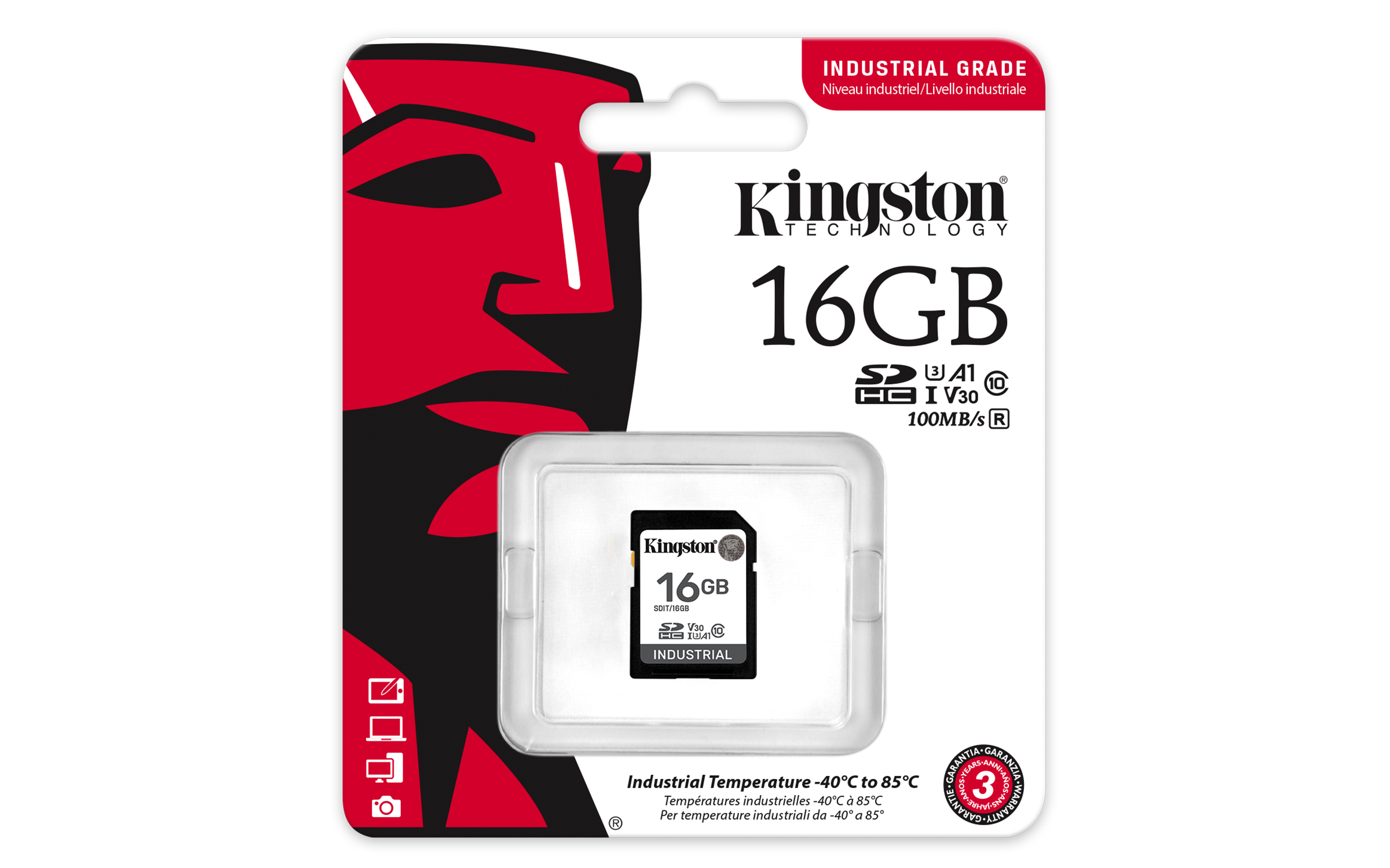 Kingston SD Card 16GB SDHC Industrial -40C to 85C retail - High Capacity SD (SDHC)