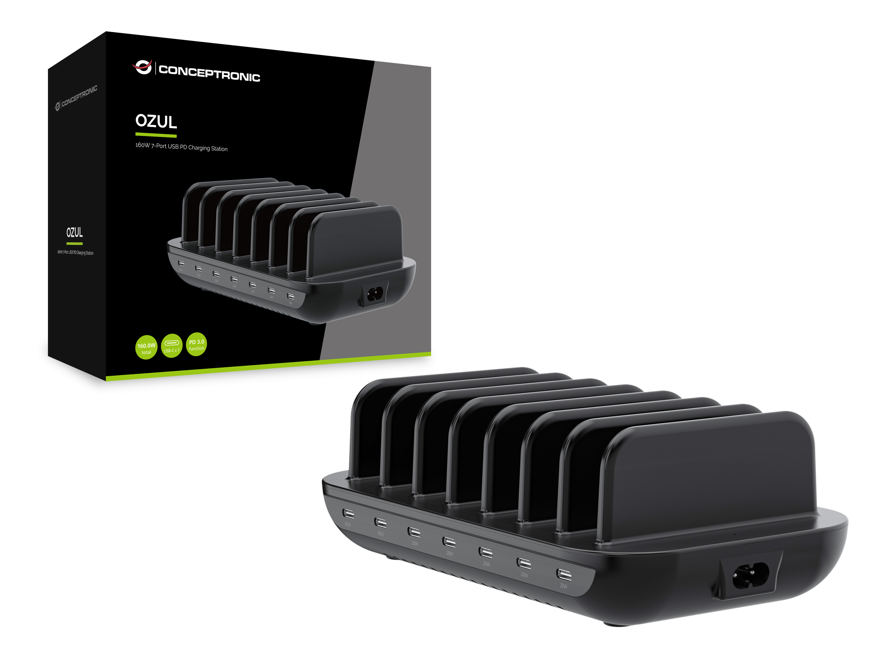 Conceptronic OZUL07B 160W 7-Port USB PD Charging Station, USB-C x 7, PD 3.0