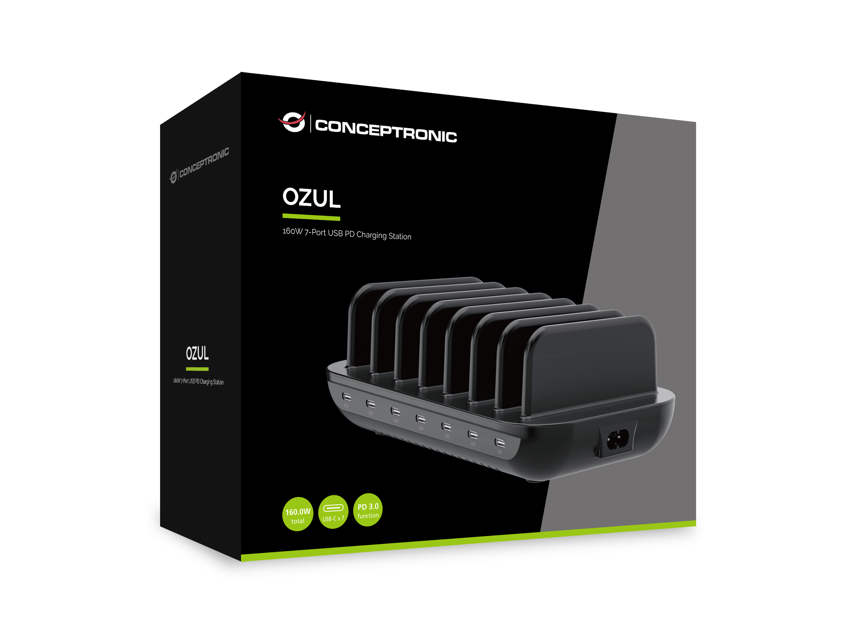 Conceptronic OZUL07B 160W 7-Port USB PD Charging Station, USB-C x 7, PD 3.0