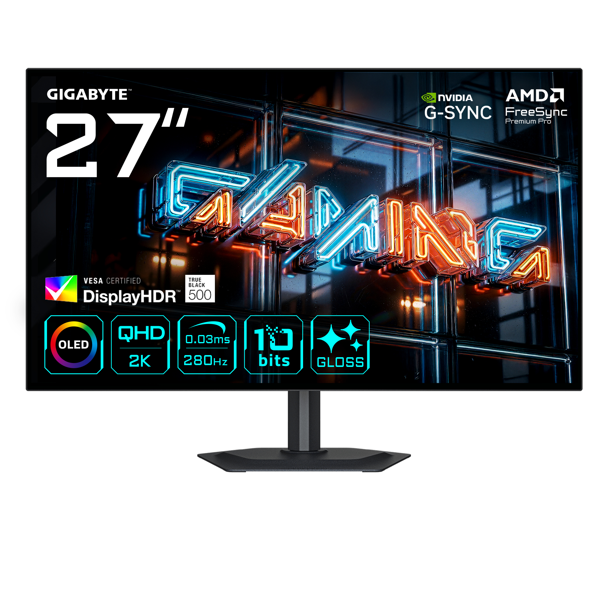 GIGABYTE MO27Q28GR Monitor Gaming WOLED Brillante 27 QHD - 2560 x 1440, 280Hz, 0.03ms, 335 cd/m�, Display HDR True Black 500, HDMI 2.1, DisplayPort 1.4