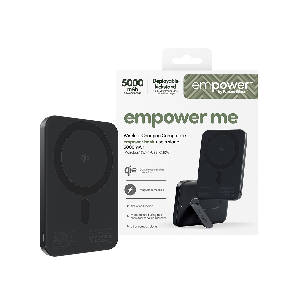 PanzerGlass empower by � empower Bank w. Spin Stand | 5000mAh | Space Black Noir