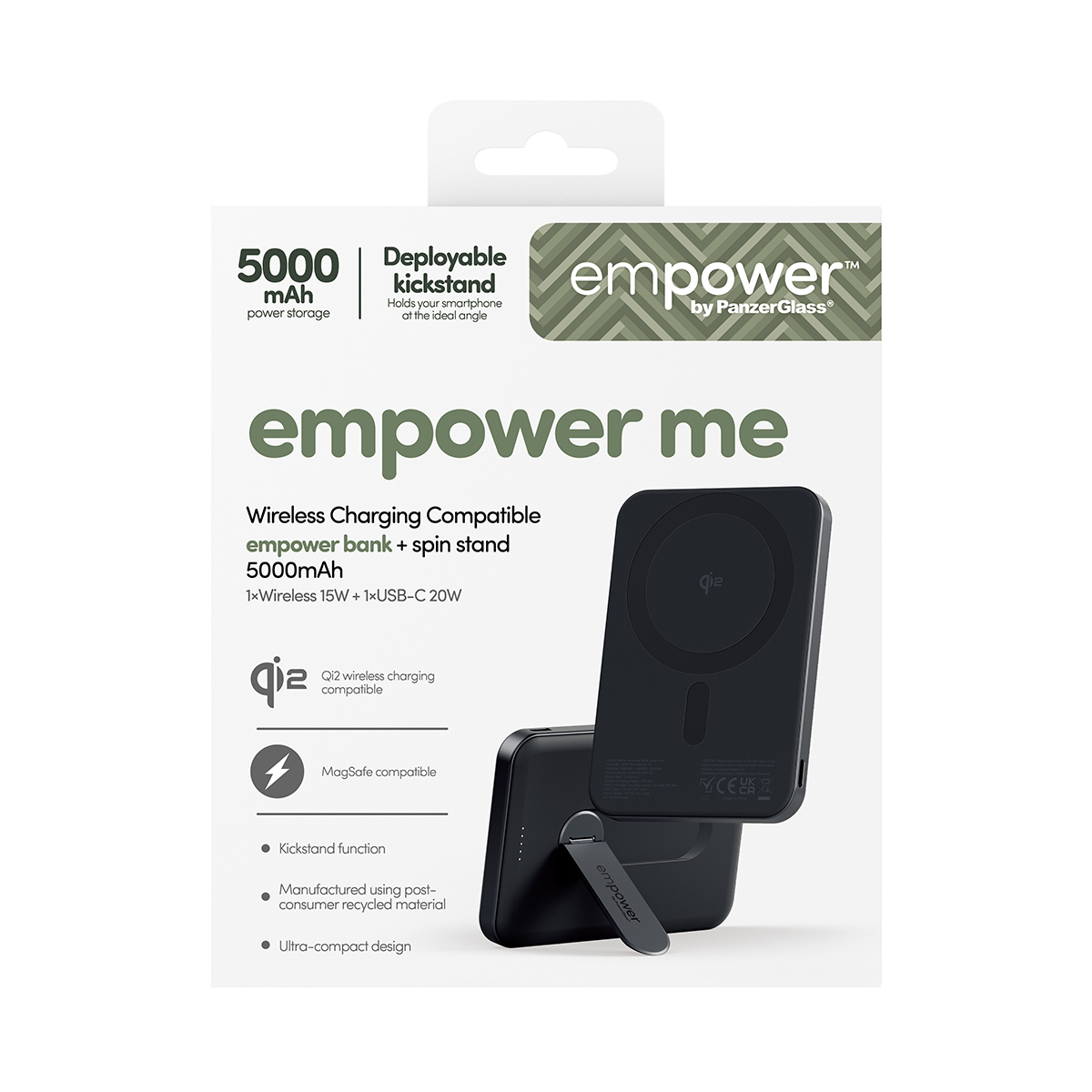 PanzerGlass empower by � empower Bank w. Spin Stand | 5000mAh | Space Black Noir