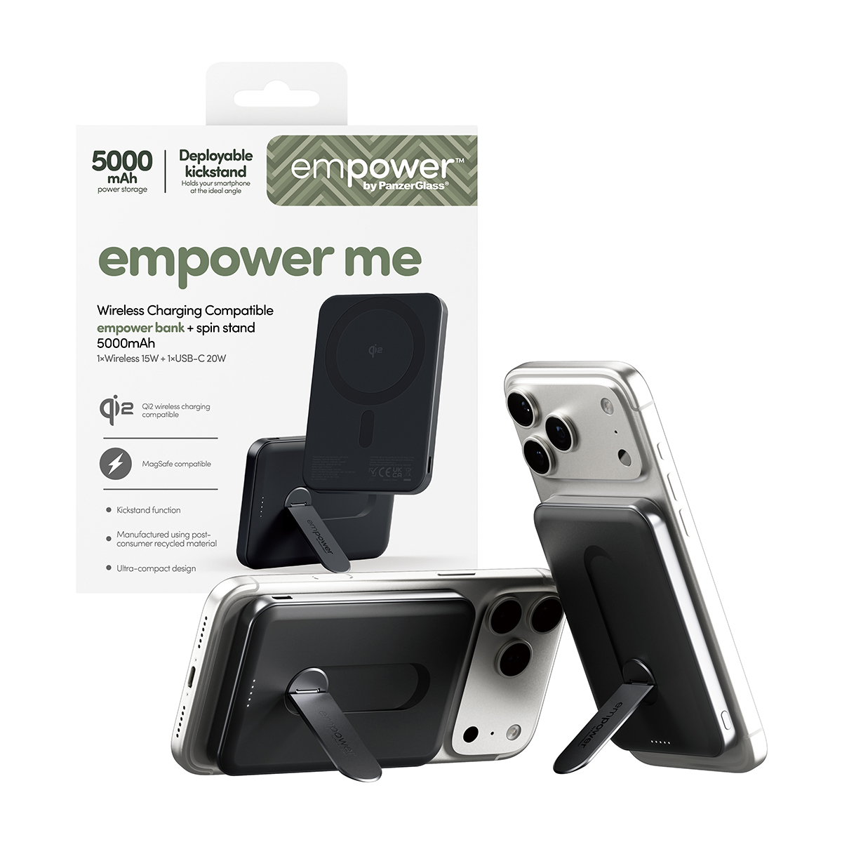 PanzerGlass empower by � empower Bank w. Spin Stand | 5000mAh | Space Black Noir