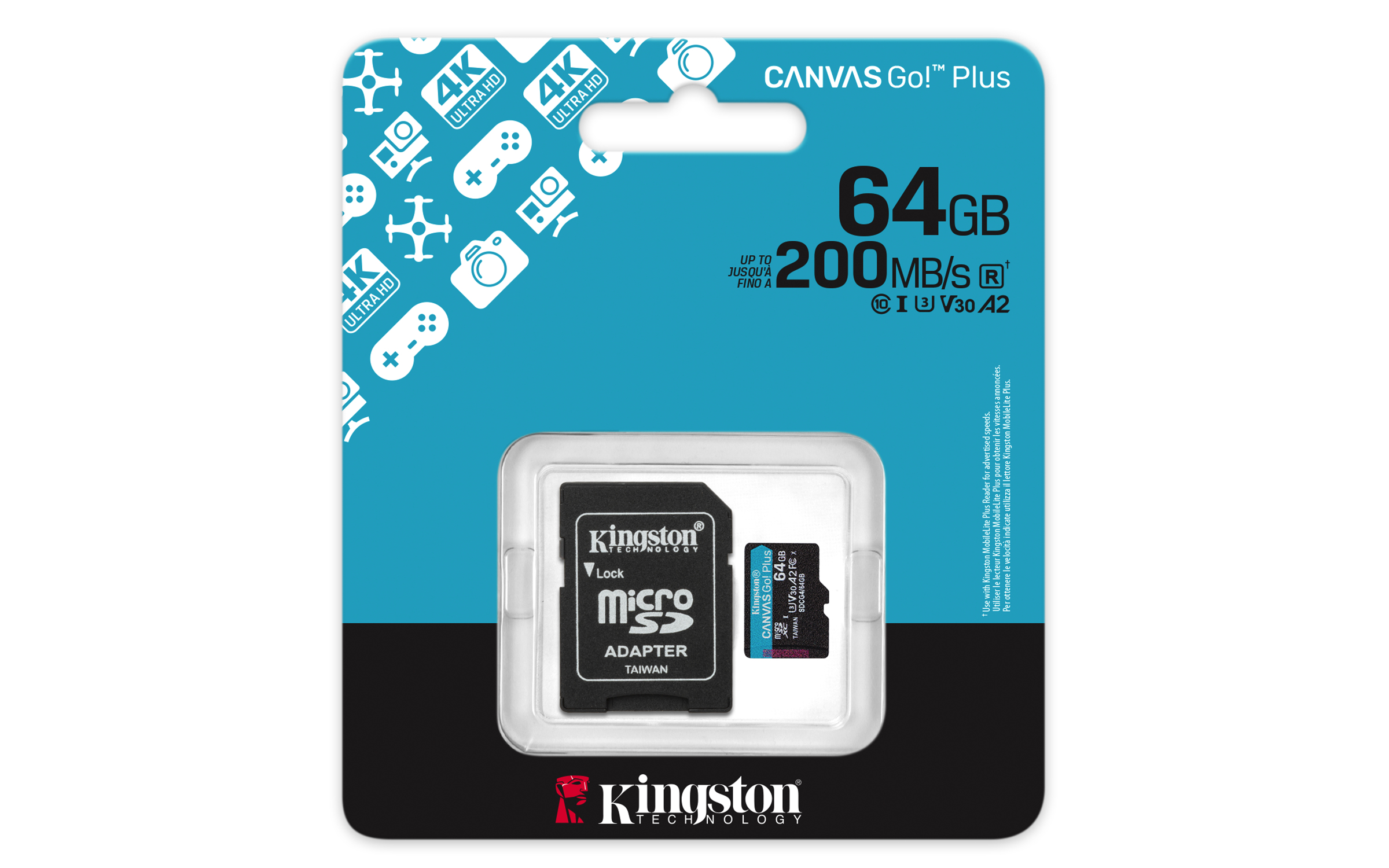 Kingston 64GB microSDXC Canvas Go Plus Gen4 200MB/s A2 U3 V30 Card+ Adapter - Micro SD - Secure Digital (SD)