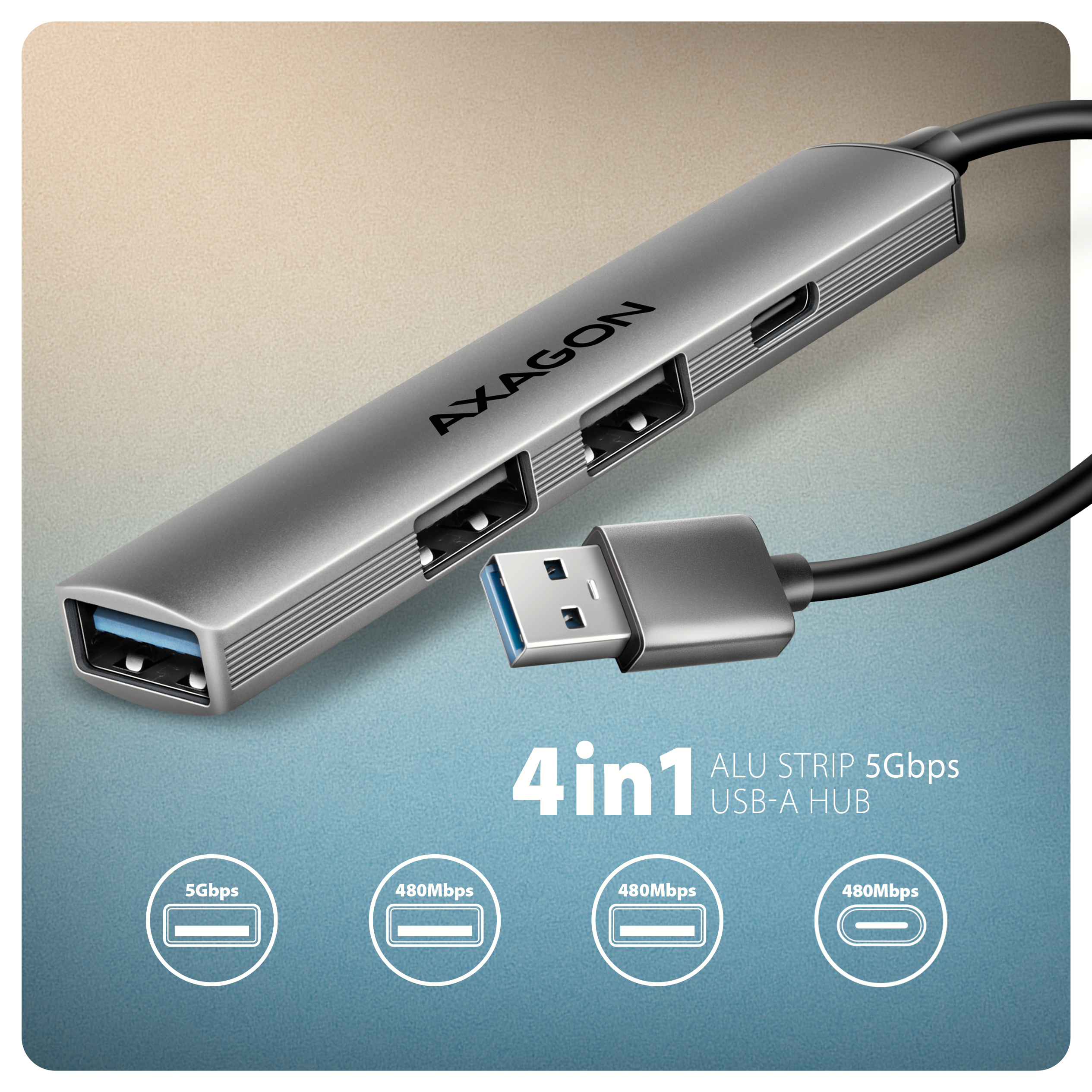 Axagon HUB USB HUE-STA, 4x USB ALU STRIP hub, 1x USB-A 5Gbps, 2x USB-A & 1x USB-C 480Mbps, kabel USB-A 12cm USB 3.2 Gen 1 (3.1 Gen 1) Type-A 5 Mbit/s Grey