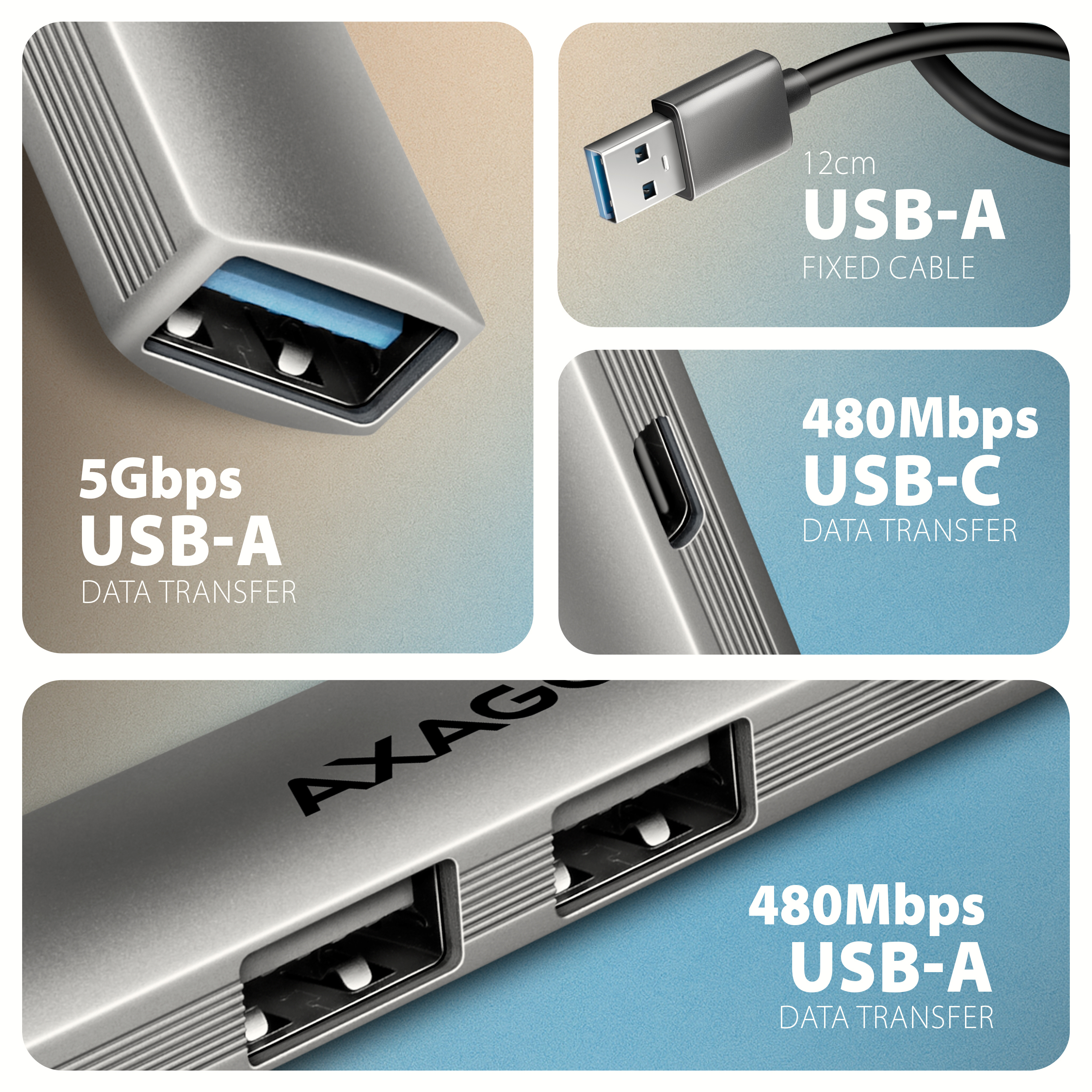 Axagon HUB USB HUE-STA, 4x USB ALU STRIP hub, 1x USB-A 5Gbps, 2x USB-A & 1x USB-C 480Mbps, kabel USB-A 12cm USB 3.2 Gen 1 (3.1 Gen 1) Type-A 5 Mbit/s Grey