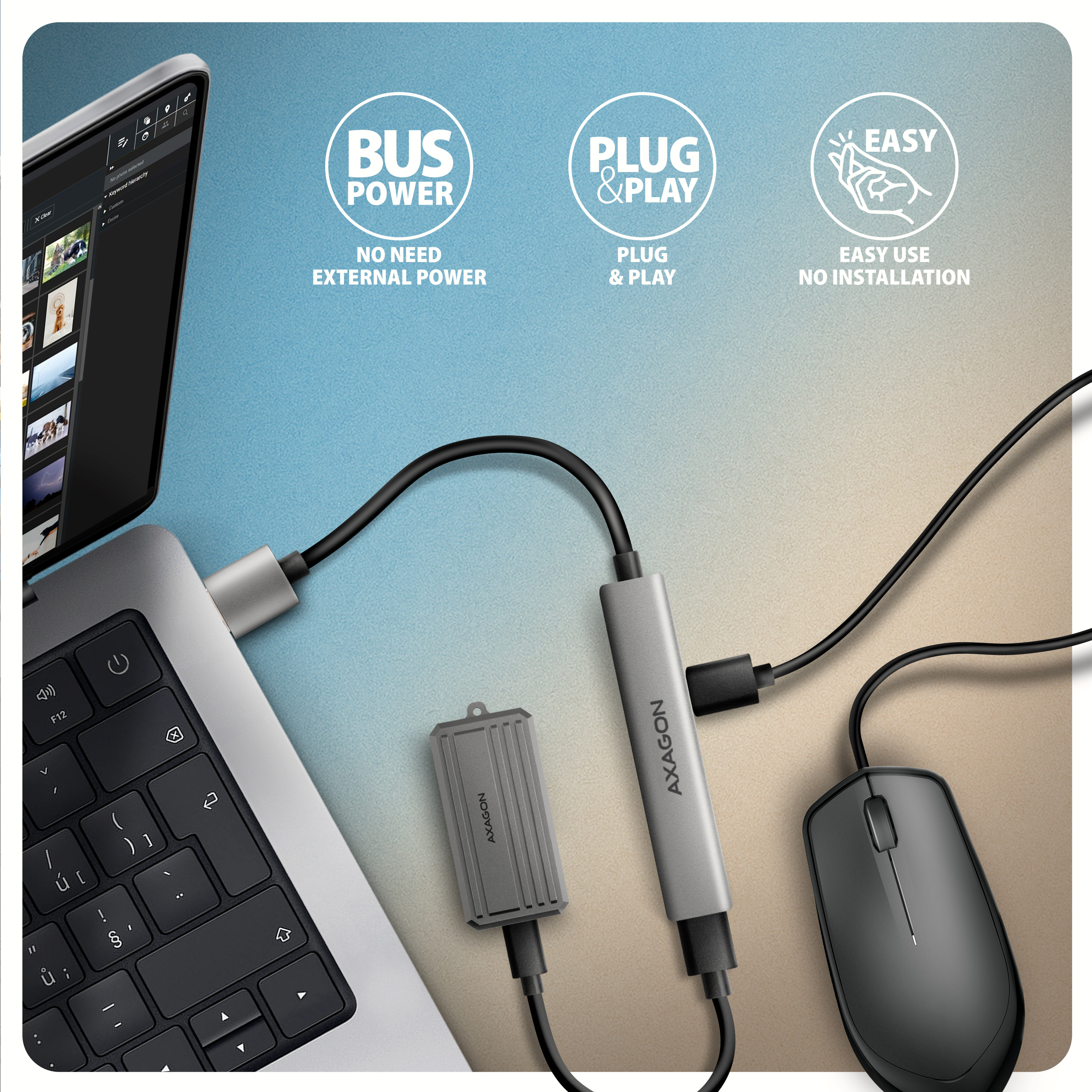 Axagon HUB USB HUE-STA, 4x USB ALU STRIP hub, 1x USB-A 5Gbps, 2x USB-A & 1x USB-C 480Mbps, kabel USB-A 12cm USB 3.2 Gen 1 (3.1 Gen 1) Type-A 5 Mbit/s Grey