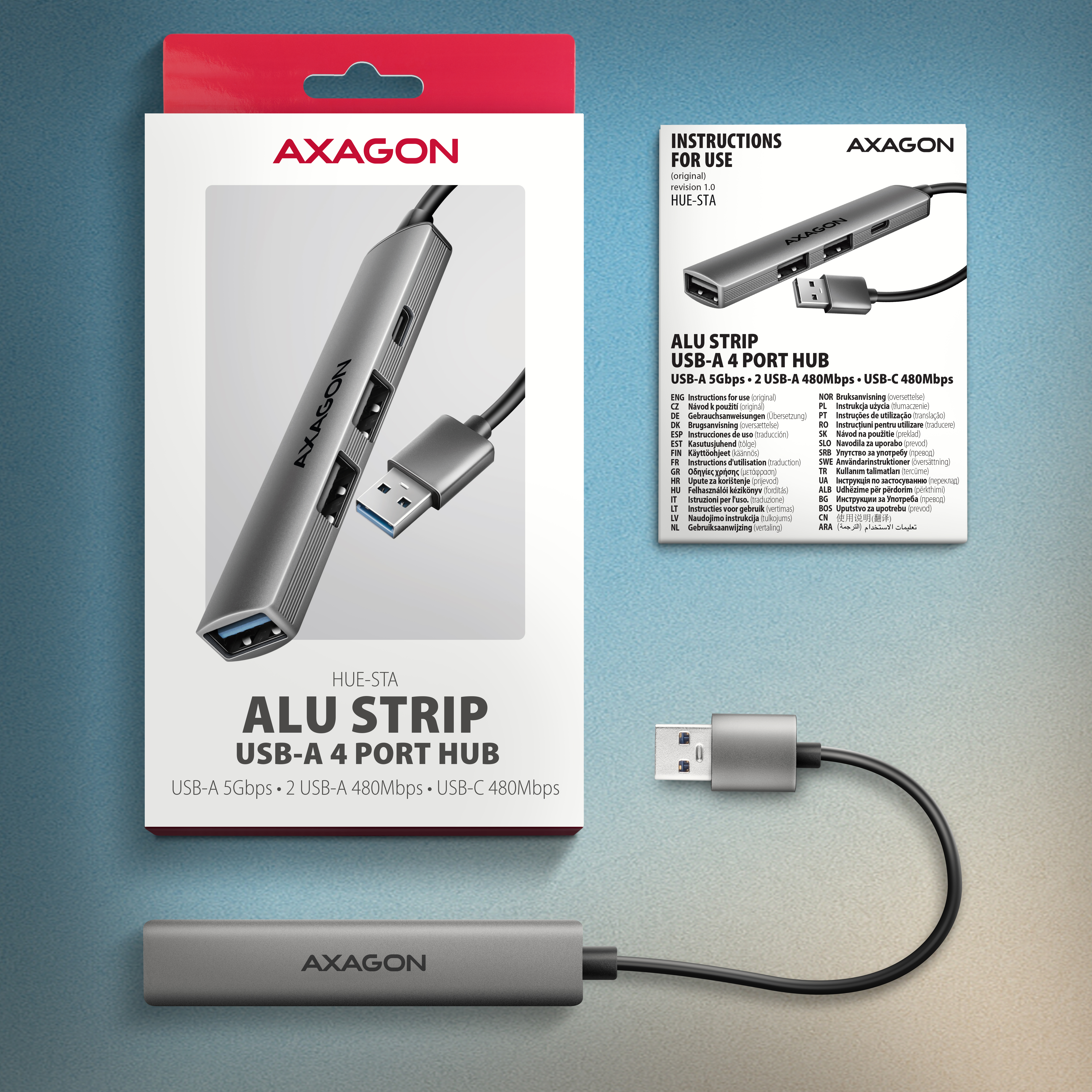 Axagon HUB USB HUE-STA, 4x USB ALU STRIP hub, 1x USB-A 5Gbps, 2x USB-A & 1x USB-C 480Mbps, kabel USB-A 12cm USB 3.2 Gen 1 (3.1 Gen 1) Type-A 5 Mbit/s Grey