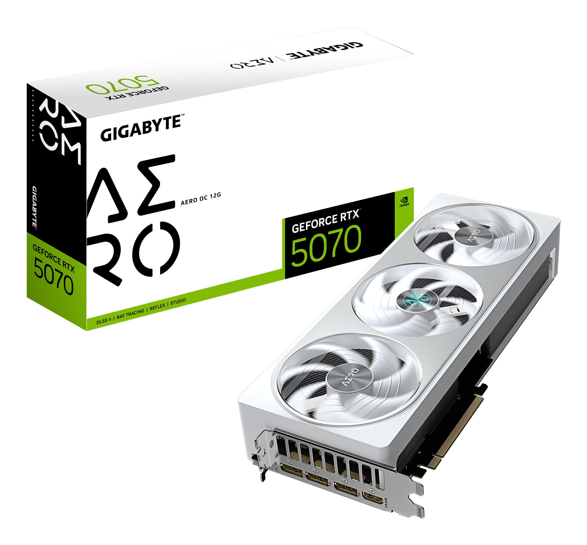 GIGABYTE GeForce RTX 5070 AERO OC 12G Tarjeta Gr�fica - 12GB GDDR7, 192 bits, PCI-E 5.0, 2625 MHz Core Clock, 3 x DP 2.1a, 1 x HDMI 2.1b, NVIDIA DLSS 4, GV-N5070AERO OC-12GD