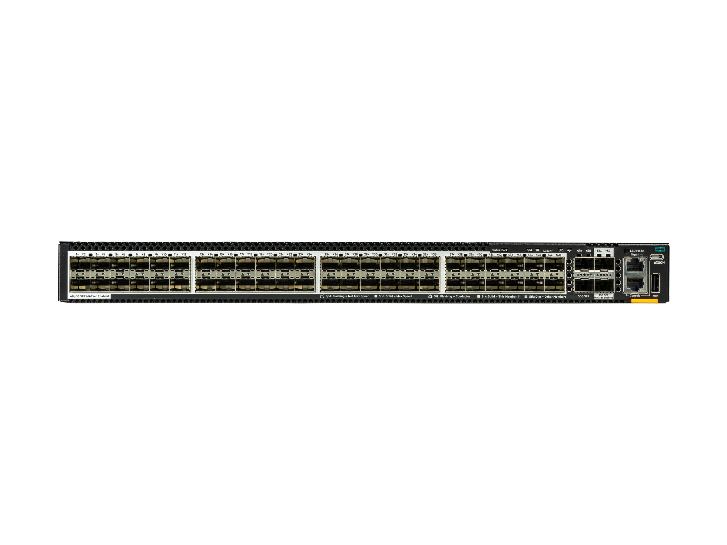 HPE Aruba Networking CX 6300M 48p SFP 1G 2p SFP56 50G 2p SFP28 25G MACsec Switch - Switch - L3 - managed - 48 x Gigabit SFP + 2 x 10 Gigabit / 25 Gigabit SFP + 2 x 10 Gigabit / 25 Gigabit / 50 Gigabit SFP (Uplink / Stacking)