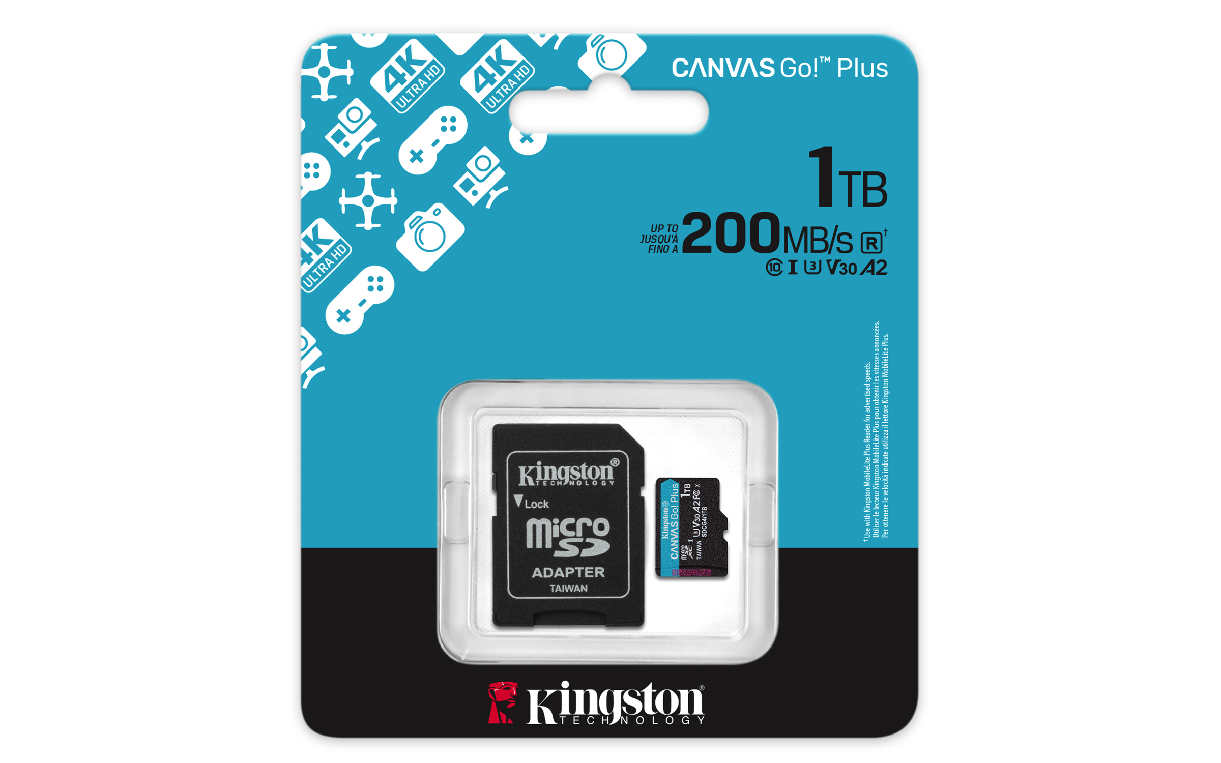 Kingston 1TB microSDXC Canvas Go Plus Gen4 200MB/s A2 U3 V30 Card+ Adapter - Micro SD - Secure Digital (SD)