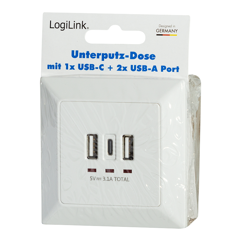 LogiLink PA0254  LogiLink Unterputz-Steckdose 1x USB-C 2x USB-A weiß Laden  von 3 USB-Geräten gleichzeitig