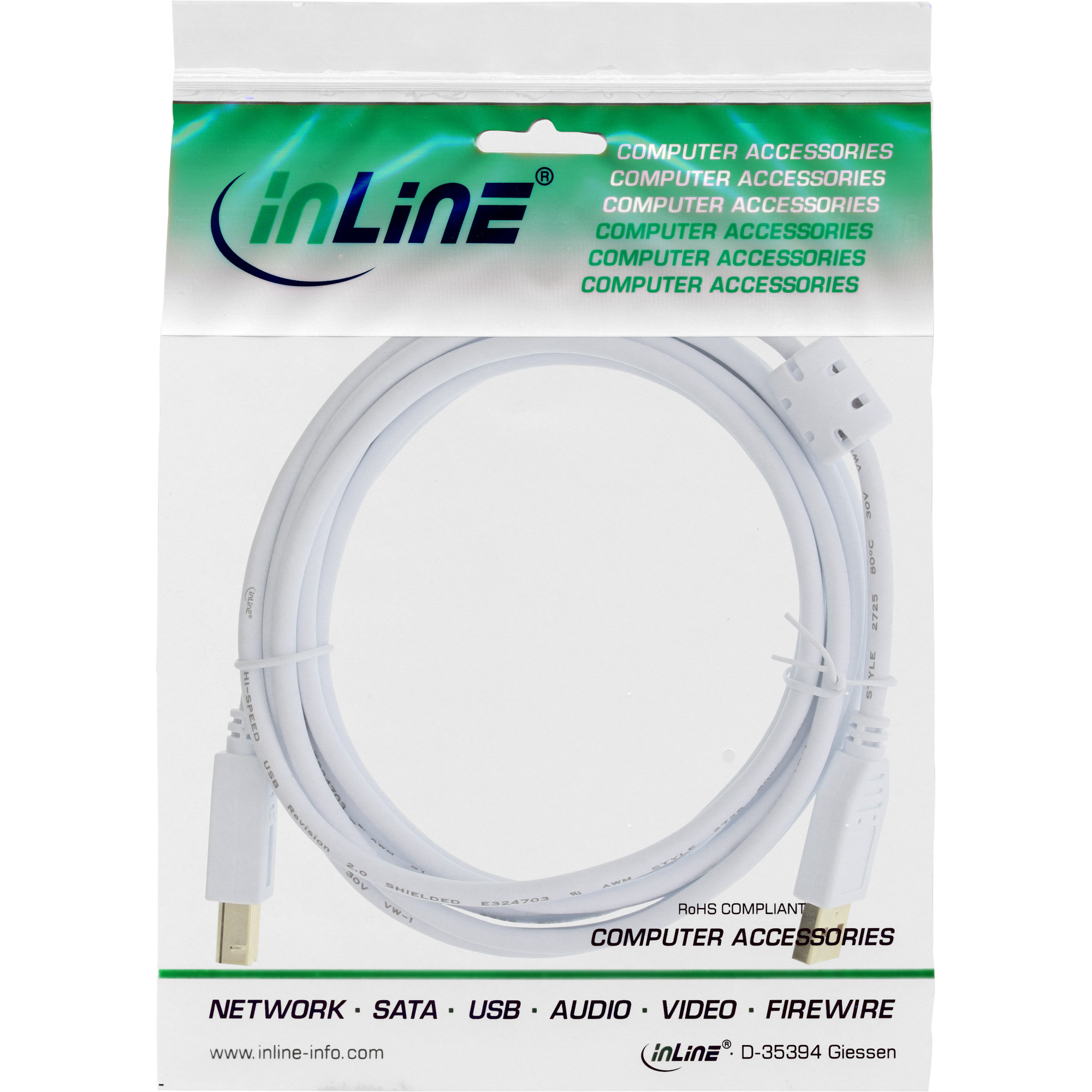 InLine USB 2.0 Cable Type A male / B male, gold plated, w/ferrite, white, 3m