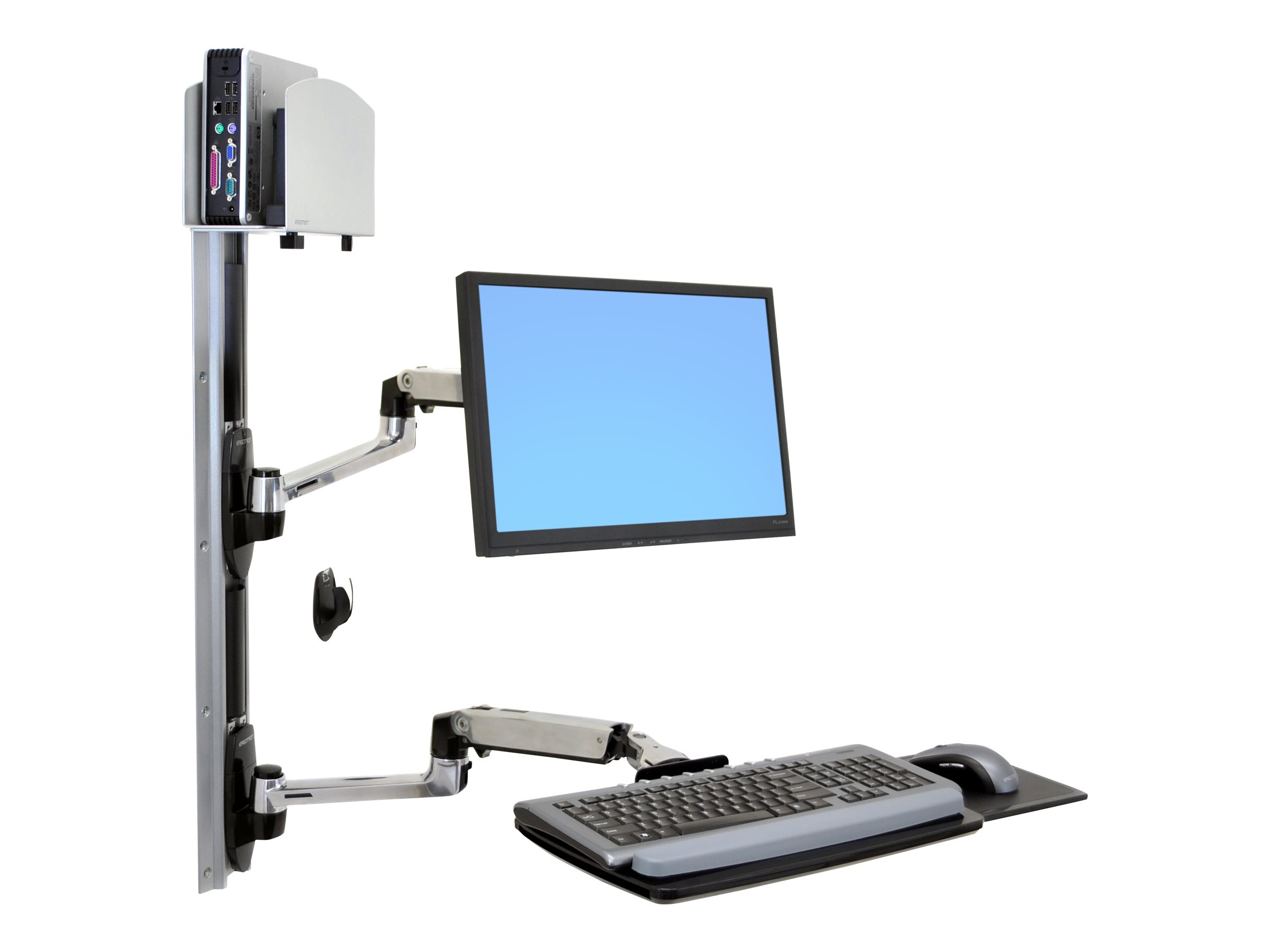 Ergotron LX Wall Mount System - Befestigungskit (Wandarm, Maushalterung, 2 Schienenabdeckungen, Tastaturarm, 2 Kabelkanle, Handgelenkkissen, Wandschiene 10, Wandschiene 34, CPU Abstandhalter, Montagesystem mit CPU-Halterung und Armen, medium CPU holder