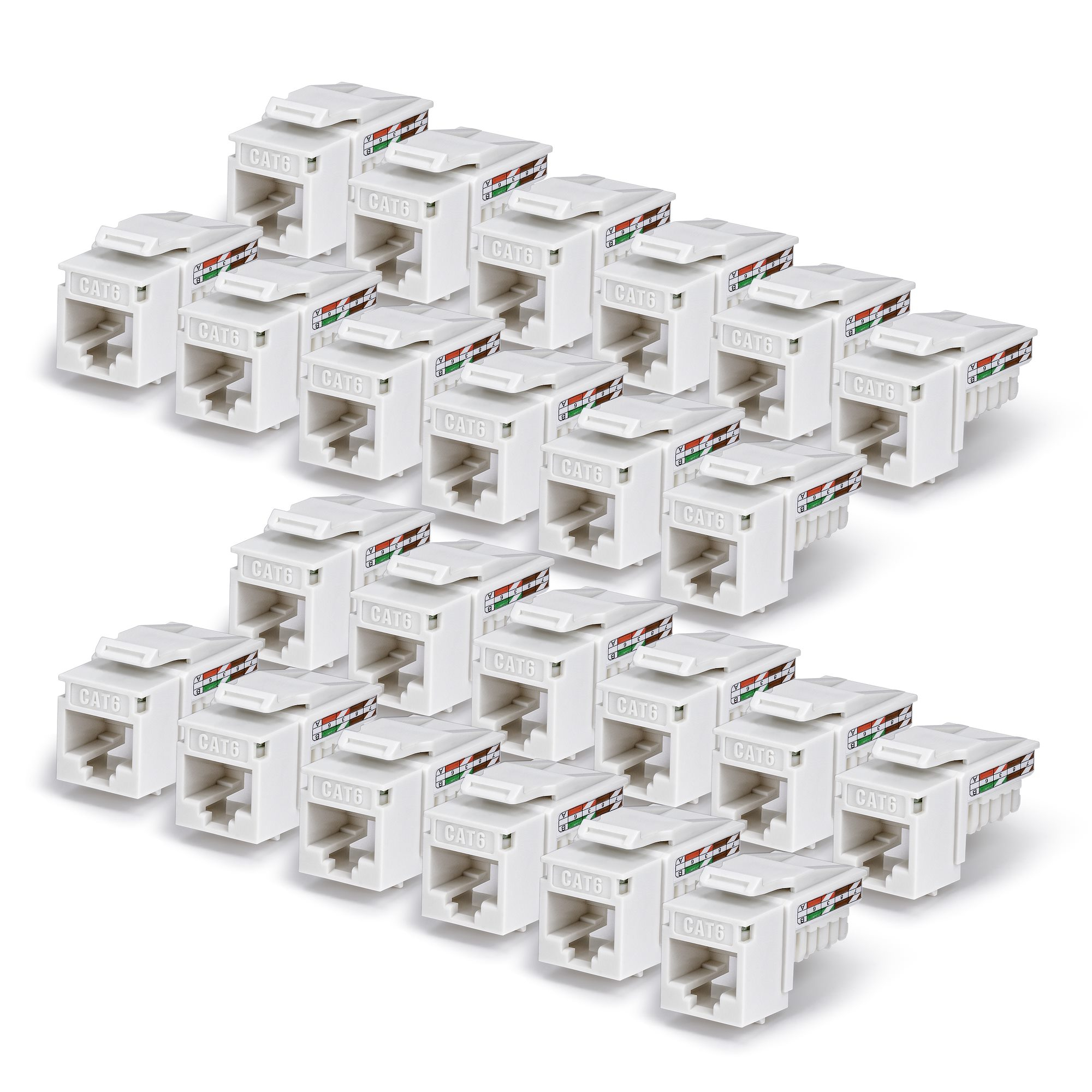 StarTech.com Cat6 Keystone Jack, 24-Pack RJ45 Ethernet Keystone Jacks, UTP Cat6 Wall Jack, 90-Degree 110 Punch Down, White