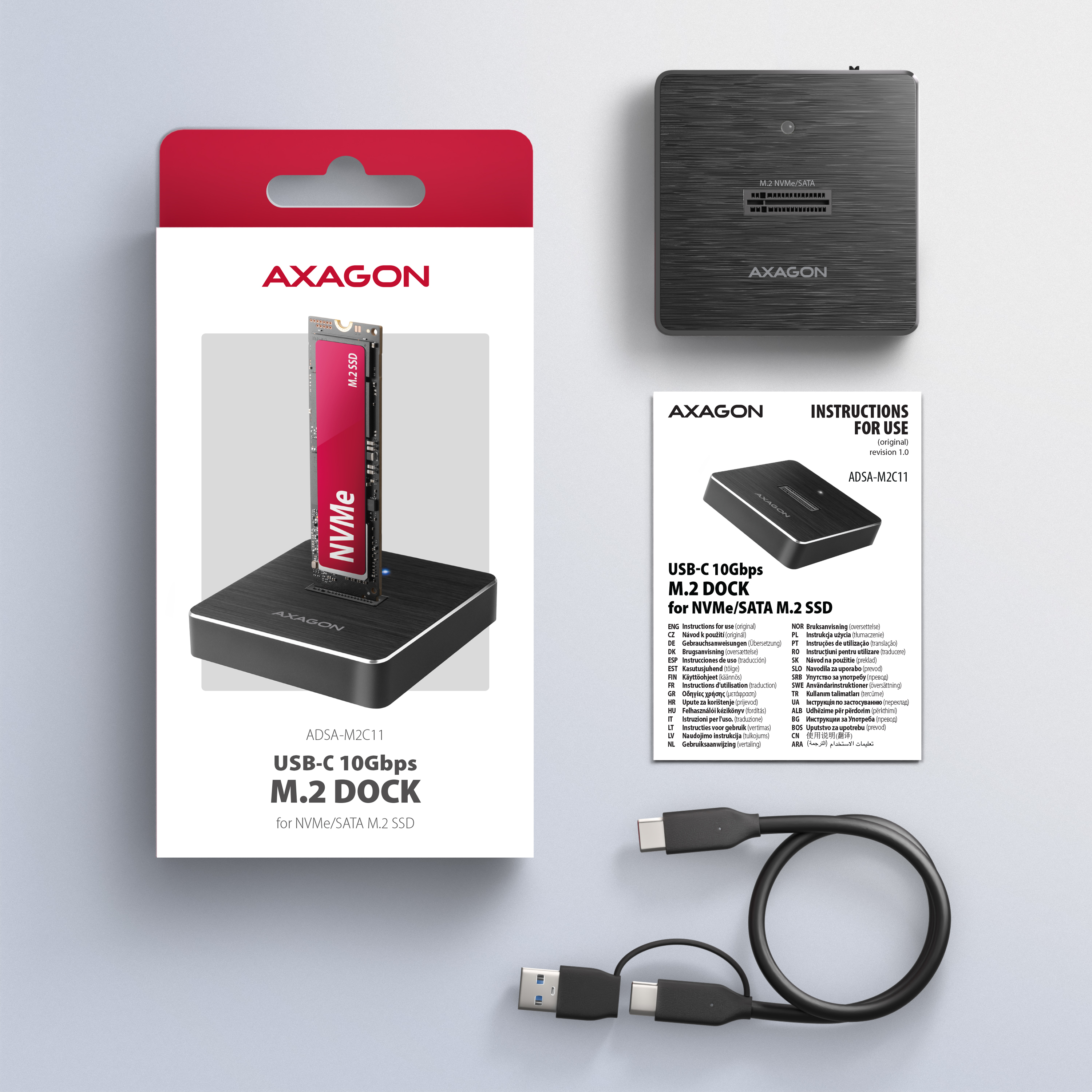Axagon ADSA-M2C11 base de conexi�n para disco duro USB 3.2 Gen 2 (3.1 Gen 2) Type-C Negro