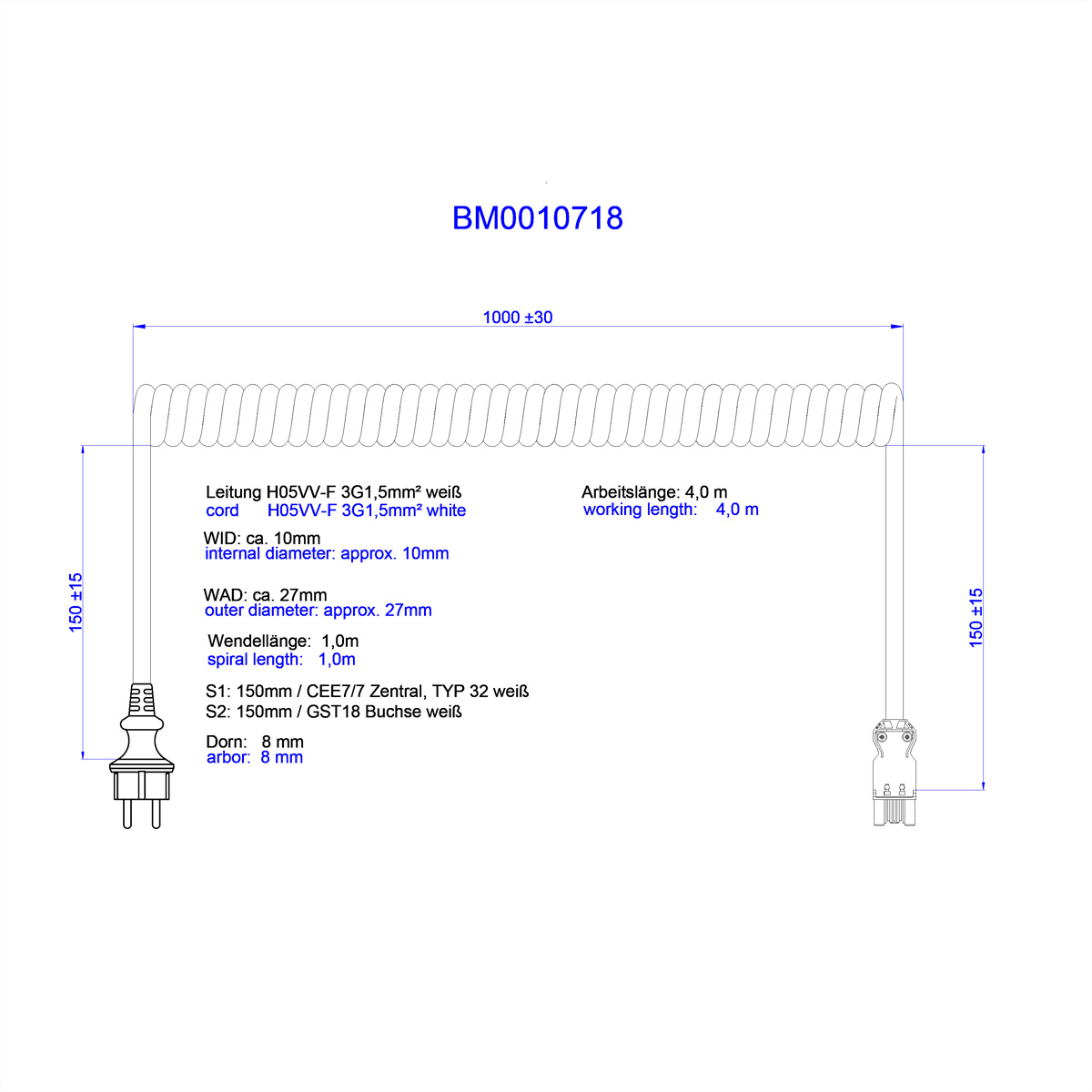 Bachmann Spiralleitung H05VV-F 3G1.5mm� L ws ISV/CEE7/7
