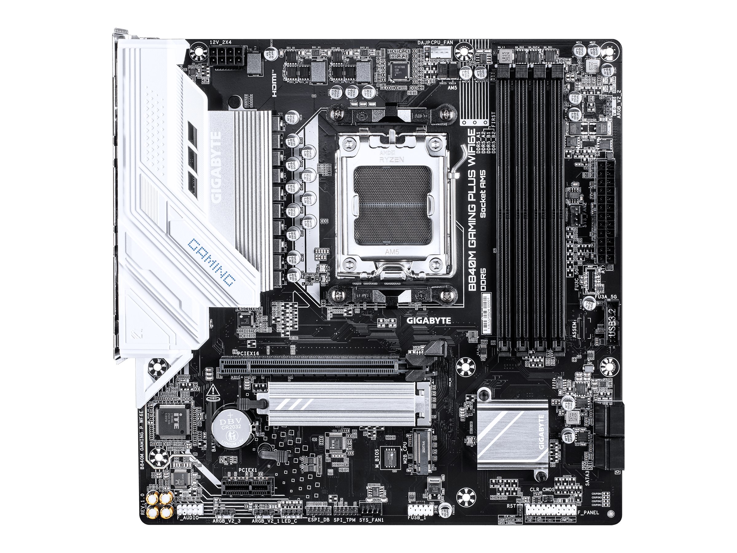 GIGABYTE B840M GAMING PLUS WIFI6E Scheda Madre CPU AMD Ryzen 9000, VRM a 8+2+2 fasi, fino a 8200 MHz DDR5 (O.C.), 2� M.2 PCIe 4.0, Wi-Fi 6E, LAN 1 GbE, USB 3.2 Gen 2