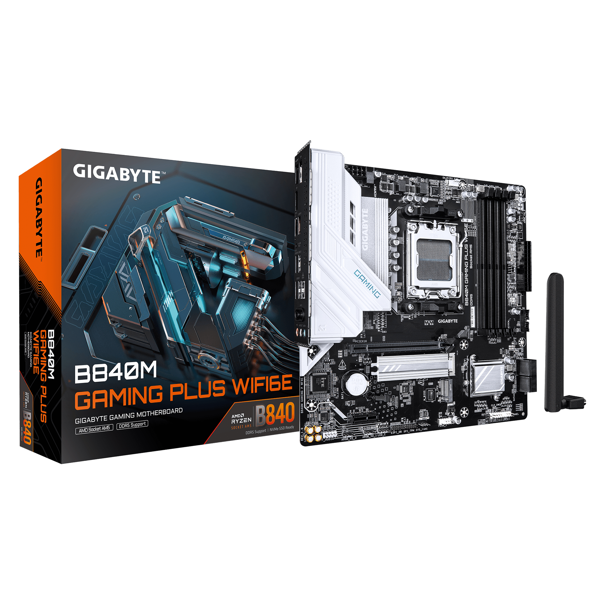 GIGABYTE B840M GAMING PLUS WIFI6E Placa Base CPUs AMD Ryzen 9000, VRM de 8+2+2 fases, hasta 8200 MHz DDR5 (O.C.), 2� M.2 PCIe 4.0, Wi-Fi 6E, LAN 1 GbE, USB 3.2 Gen 2