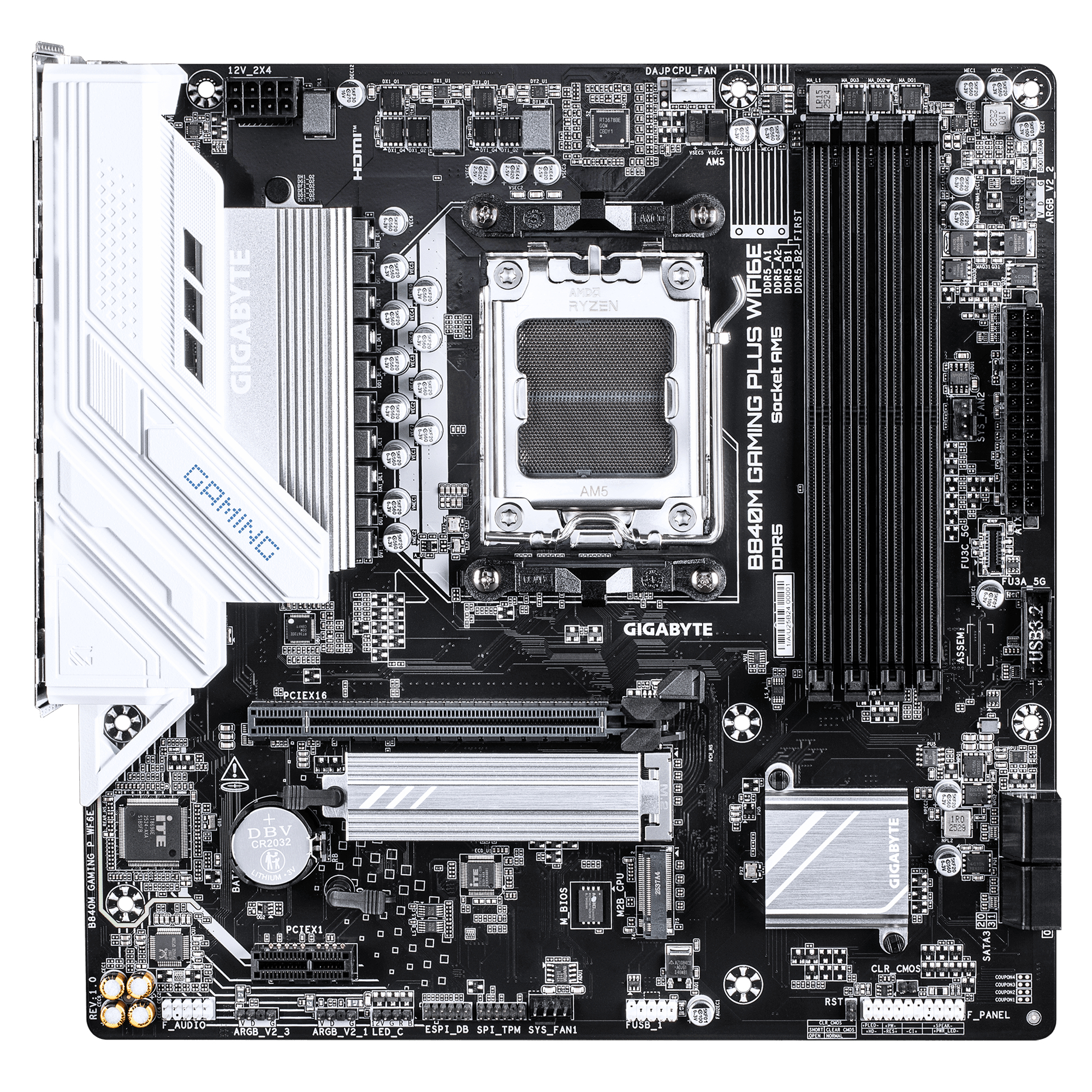 GIGABYTE B840M GAMING PLUS WIFI6E Placa Base CPUs AMD Ryzen 9000, VRM de 8+2+2 fases, hasta 8200 MHz DDR5 (O.C.), 2� M.2 PCIe 4.0, Wi-Fi 6E, LAN 1 GbE, USB 3.2 Gen 2