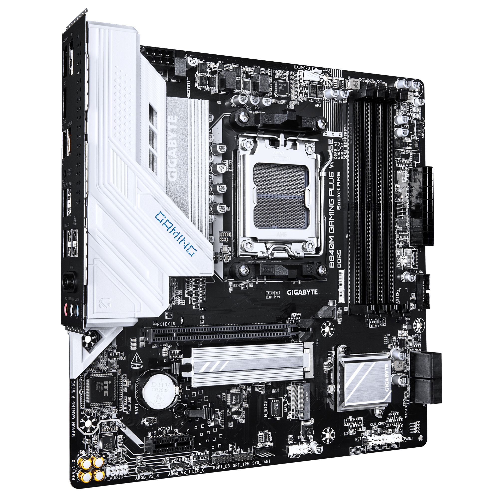 GIGABYTE B840M GAMING PLUS WIFI6E Placa Base CPUs AMD Ryzen 9000, VRM de 8+2+2 fases, hasta 8200 MHz DDR5 (O.C.), 2� M.2 PCIe 4.0, Wi-Fi 6E, LAN 1 GbE, USB 3.2 Gen 2