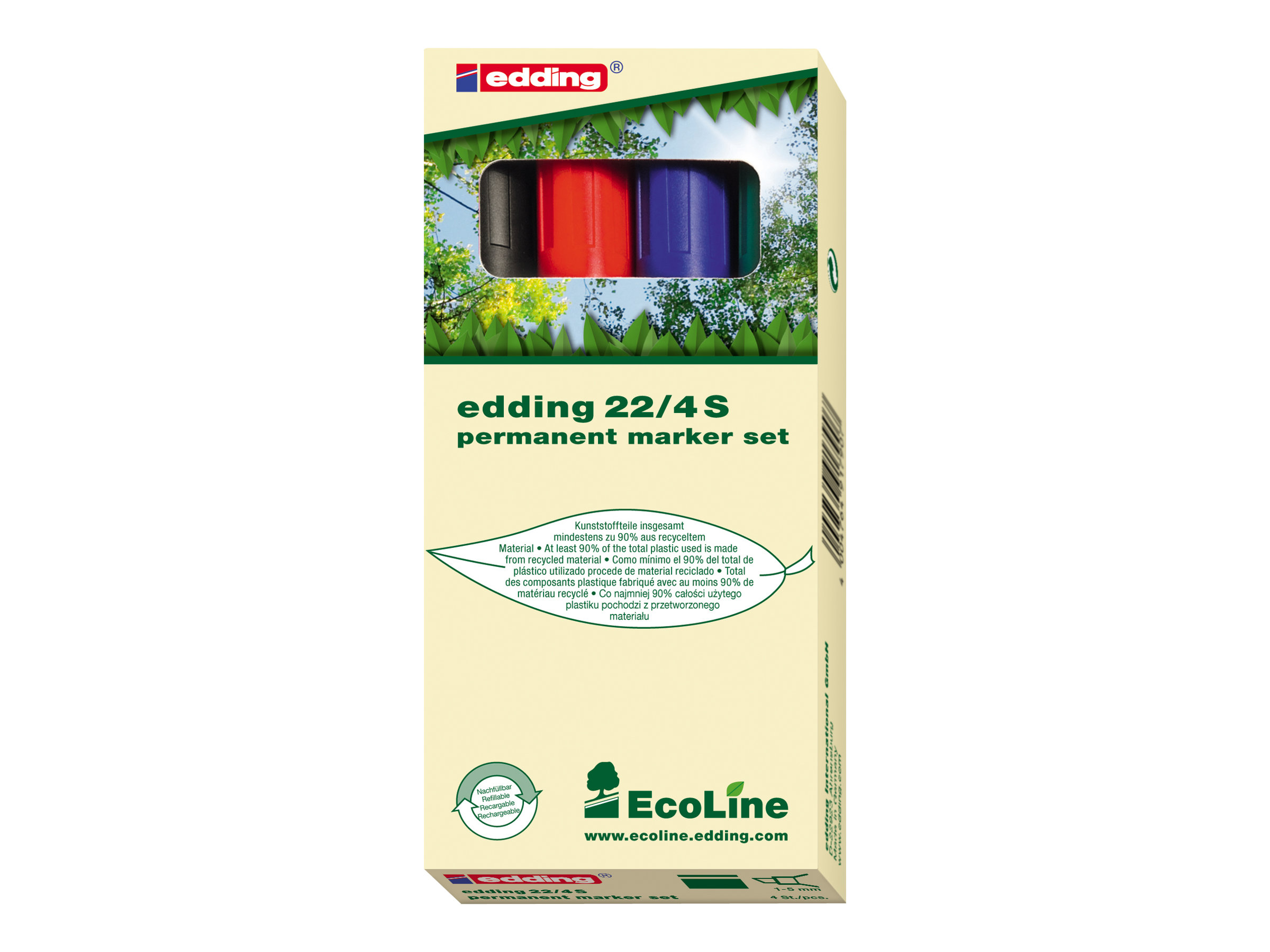 EDDING EcoLine 22 - Marker - permanent - Schwarz, Rot, Blau, Gr�n - 1-5 mm (Packung mit 4)