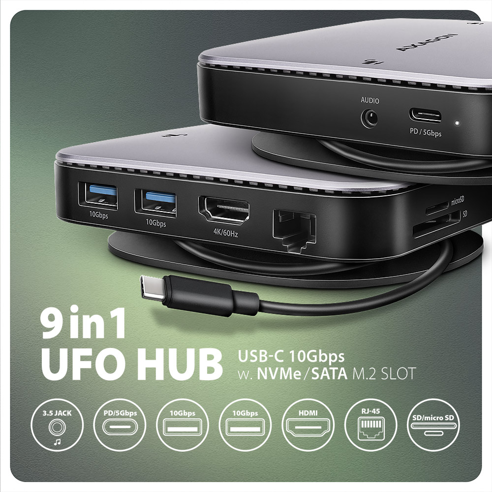 Axagon HMC-UFO USB-C Hub M.2 SATA/NVMe 1 Gbit/s Ethernet 384 kHz Audio Cablato USB 3.2 Gen 2 (3.1 Gen 2) Type-C Nero