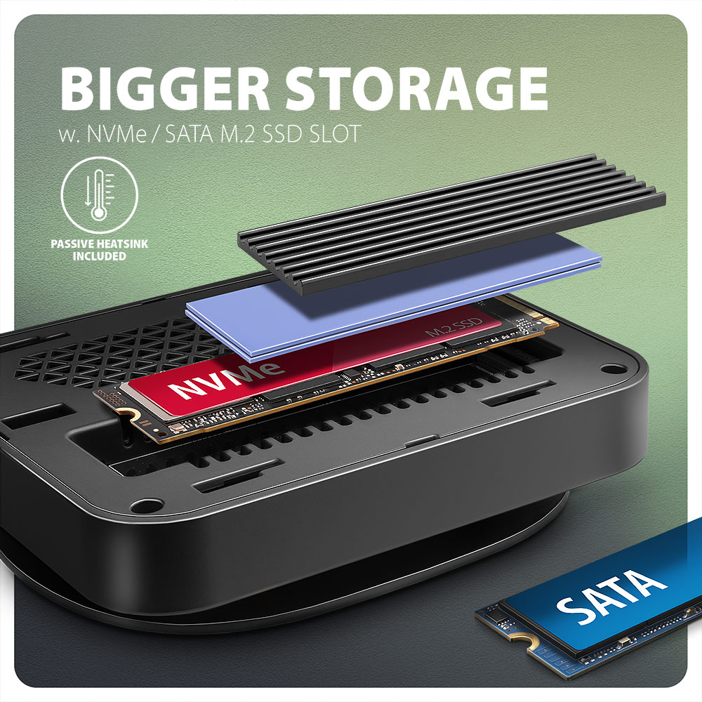 Axagon HMC-UFO USB-C Hub M.2 SATA/NVMe 1 Gbit/s Ethernet 384 kHz Audio Cablato USB 3.2 Gen 2 (3.1 Gen 2) Type-C Nero