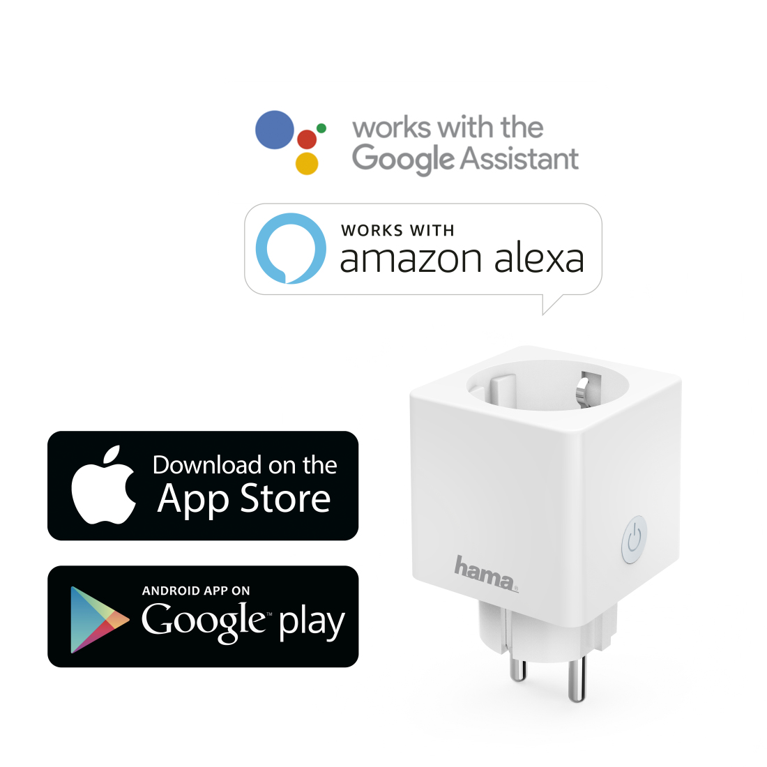 Hama | Enchufe Inteligente WLAN (3680 W, IP20, Compatible con Alexa y con Google Home, Medidor de consumo, Sin puerta de enlace), Color Blanco