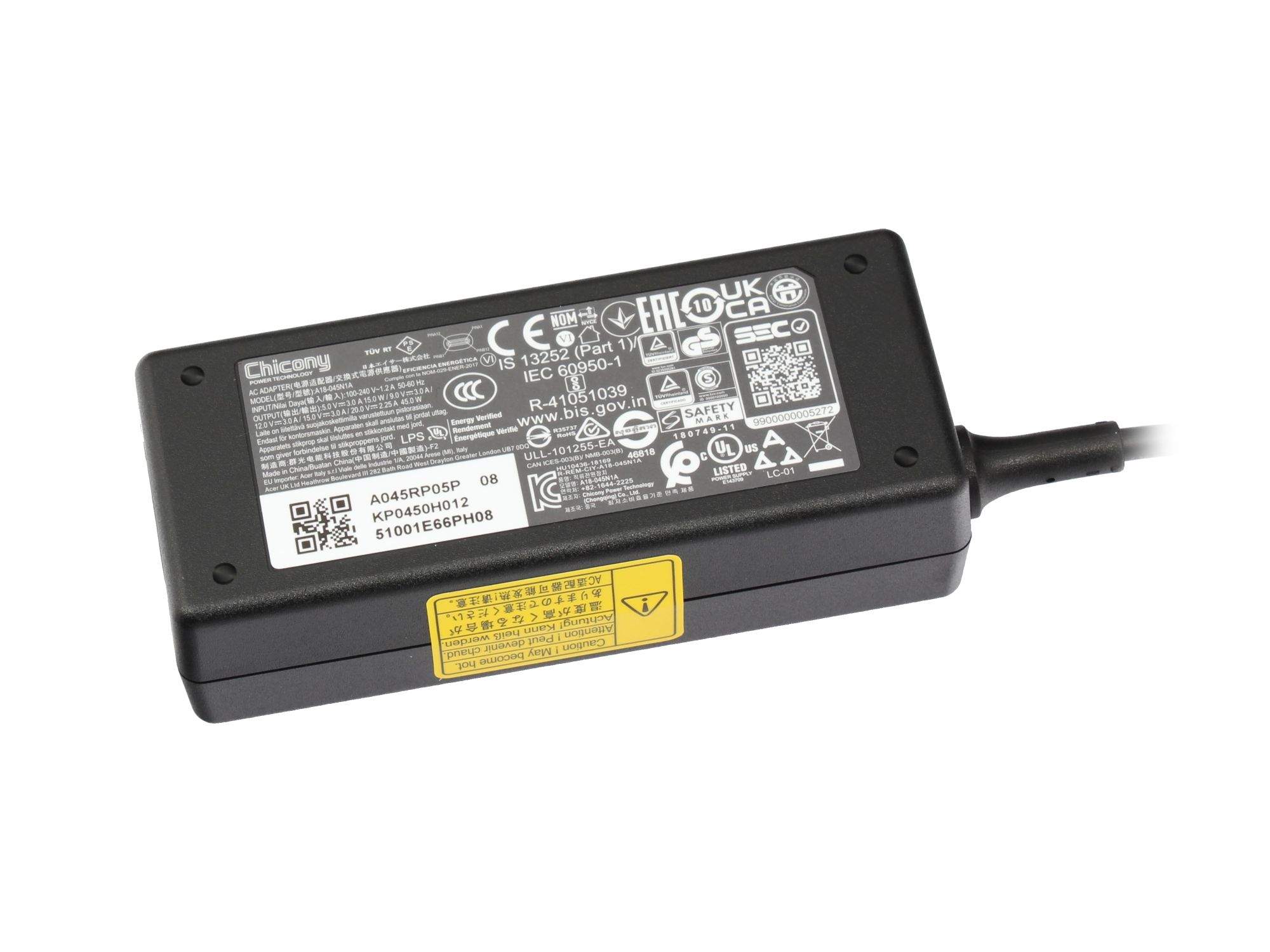Acer AC Adapter USB Type-C includes power cable - PC-/Server Netzteil - 45 W