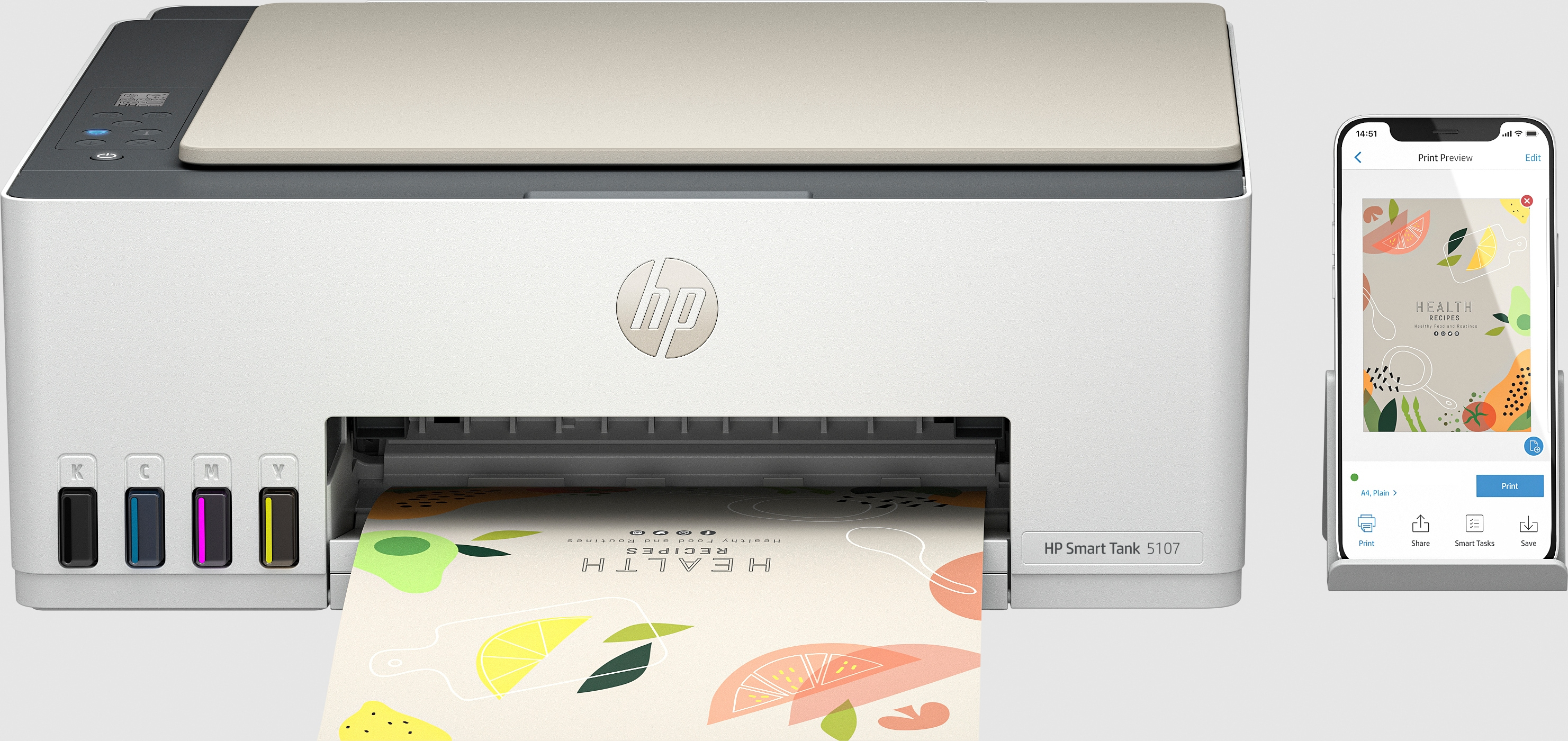 HP Smart Tank 5107 All-in-One Printer, Color, Printer for Home and home office, Print, copy, scan, Wireless; High-volume printer tank; Print from phone or tablet; Scan to PDF
