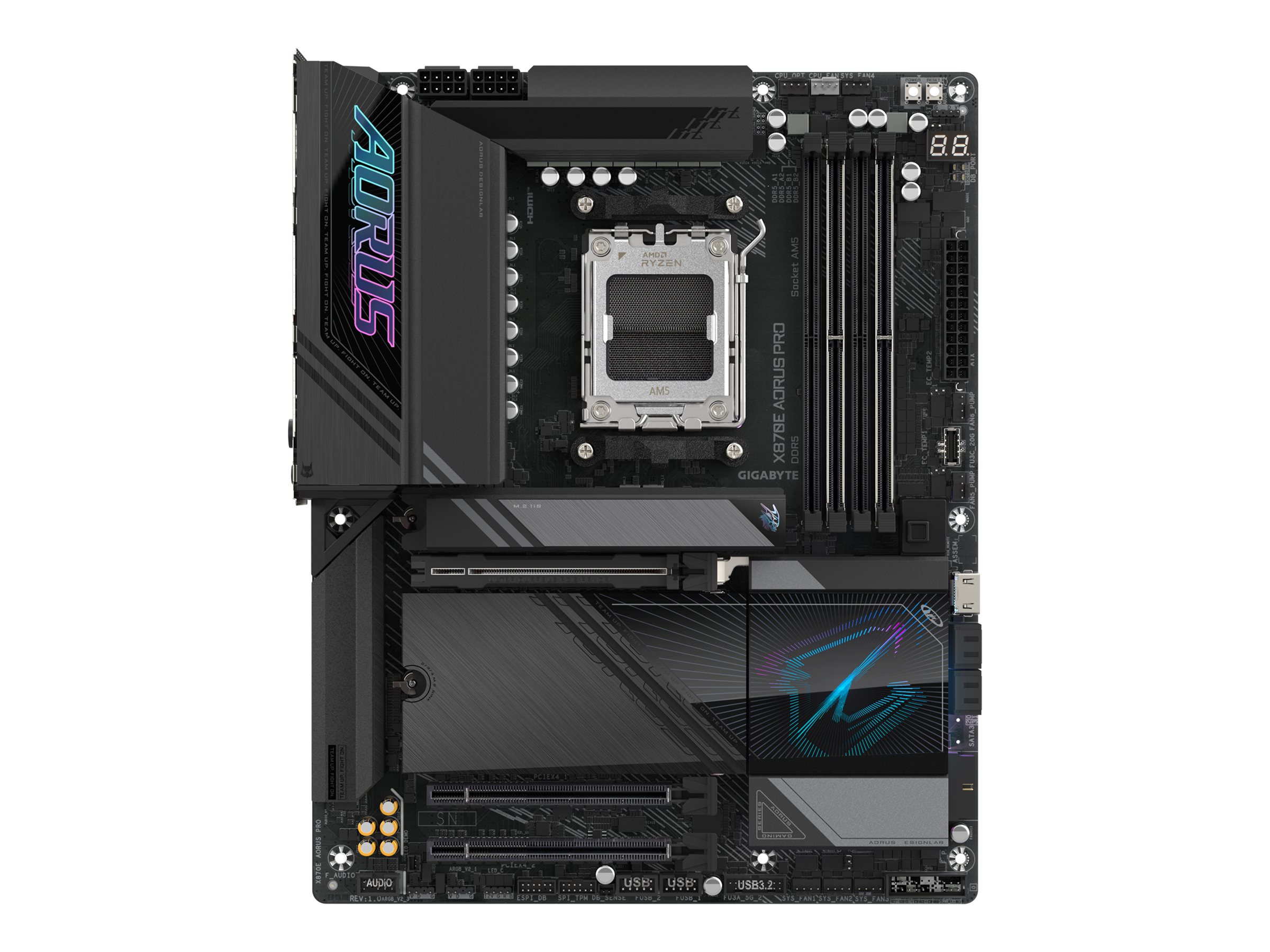 GIGABYTE Carte mre X870E AORUS PRO - Prend en charge les processeurs AMD Ryzen 9000, VRM numrique 16+2+2 phases, jusqu 8000MHz DDR5 (OC), 4xPCIe 5.0 + 4xM.2, Wi-Fi 7, LAN 2.5GbE, USB 3.2 Gen 2x2