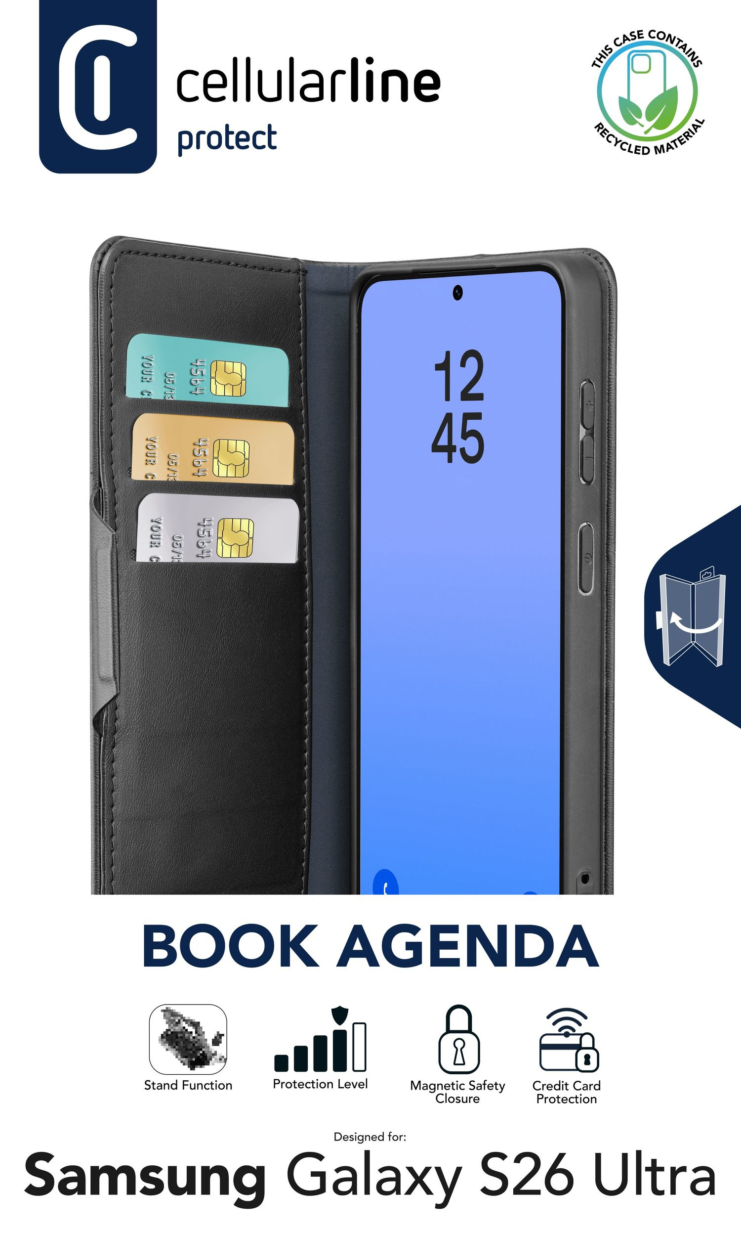Cellularline Book Agenda - Galaxy S26 Ultra Custodia a libro effetto pelle con chiusura magnetica, funzione stand e protezione RFID per carte.