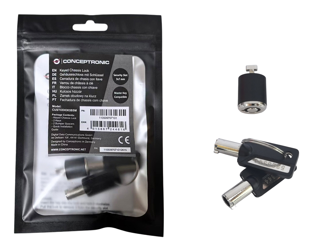Conceptronic CUSTODIO03BSM Keyed Chassis Lock, Standard Security Slot, Master Keyed Compatible