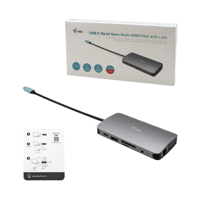 i-tec Metal USB-C Nano Dock HDMI/VGA with LAN + Charger 100W