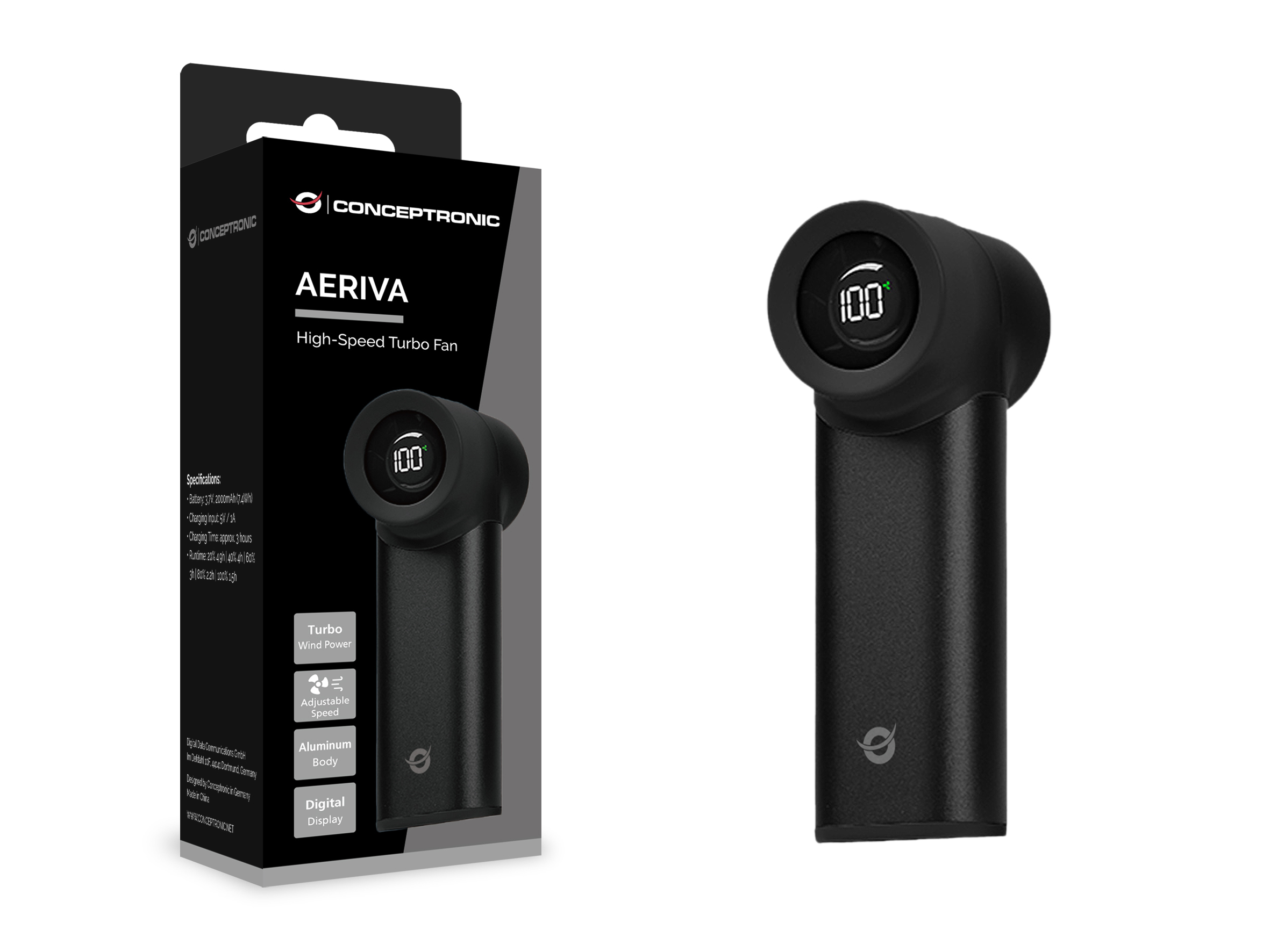 Conceptronic AERIVA02B nebulizzatore e ventilatore portatile personale Nero