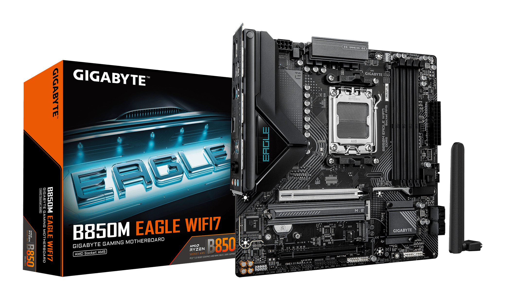 GIGABYTE B850M EAGLE WIFI7 Placa Base CPUs AMD Ryzen Serie 9000, VRM digital de 8+2+2 fases, hasta 8200 MHz DDR5 (O.C.), 1� M.2 PCIe 5.0 + 1� M.2 PCIe 4.0, Wi-Fi 7, LAN 2.5 GbE, USB 3.2 Gen 2