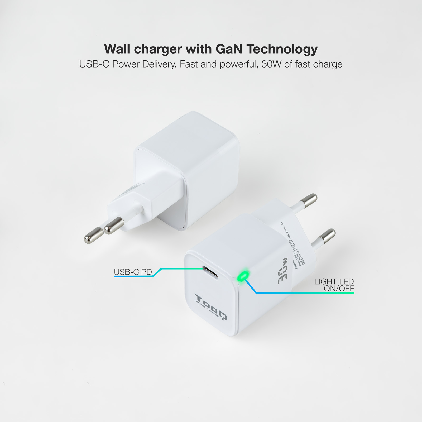 TooQ GAN USB-C/PD Wall Charger 30W, White