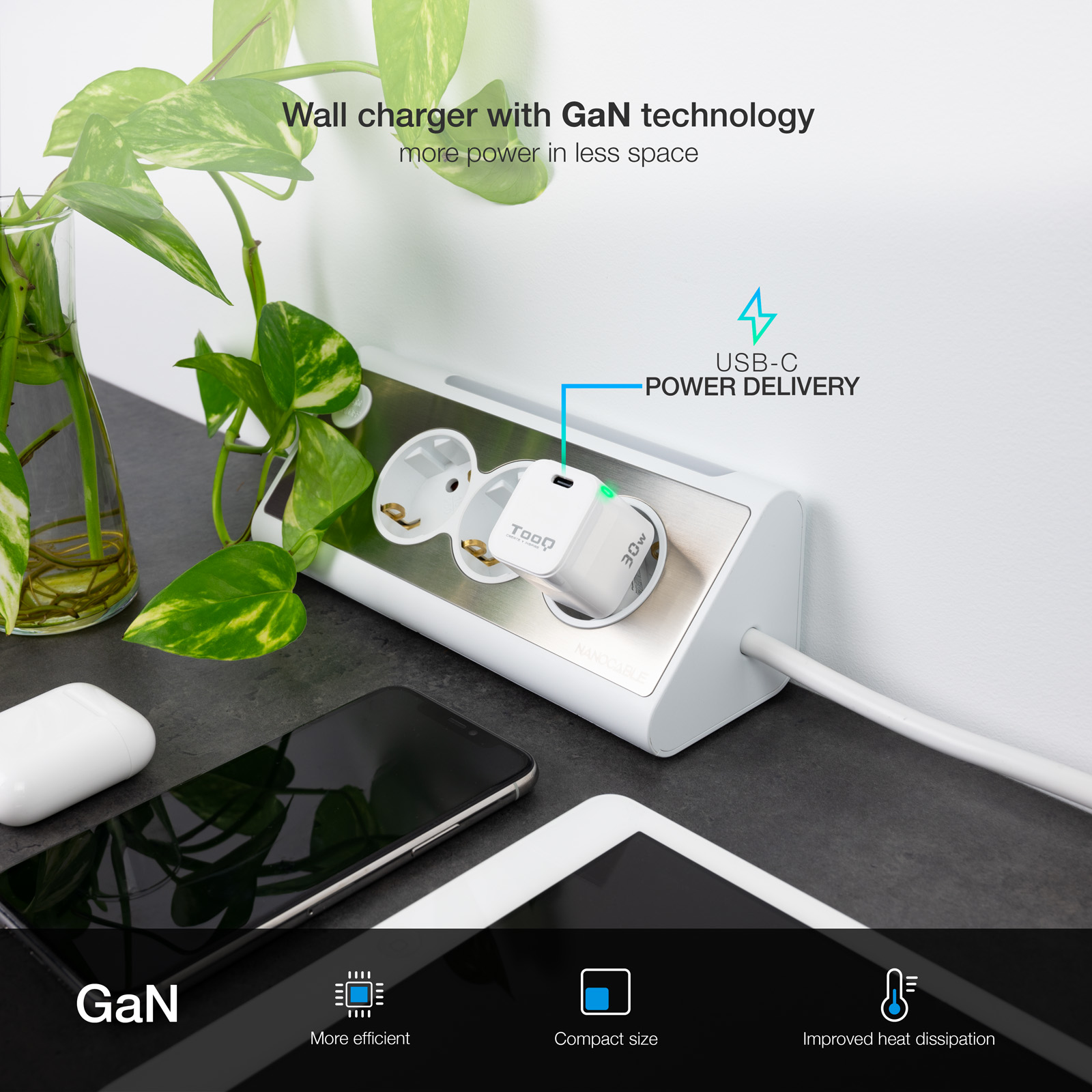 TooQ GAN USB-C/PD Wall Charger 30W, White