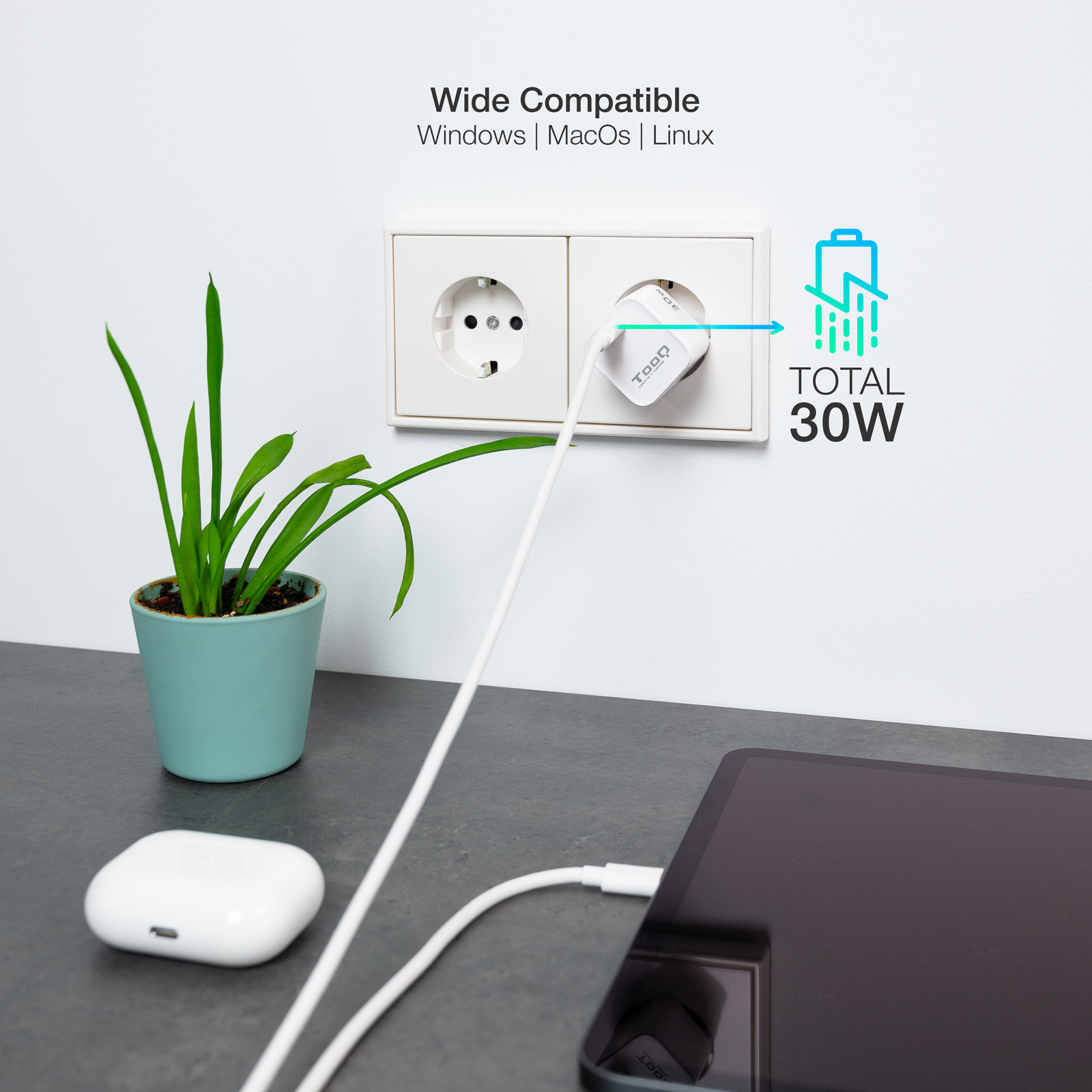 TooQ GAN USB-C/PD Wall Charger 30W, White